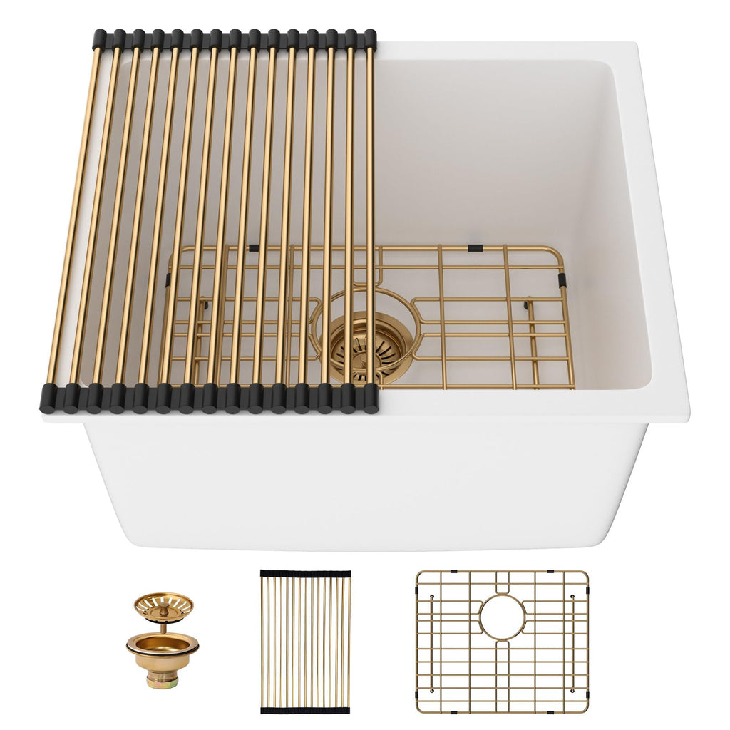 Lordear 18 Inch White Kitchen Sink Granite Composite Undermount Bar Workstation 18x18 White Quartz Sinks Under Counter Single Bowl with Classic Gold Accessories