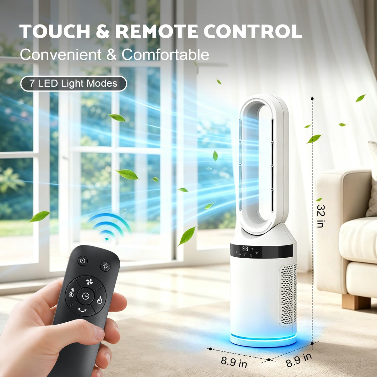 32” Bladeless Tower Fan and Heater Combo, All Season Standing Fan