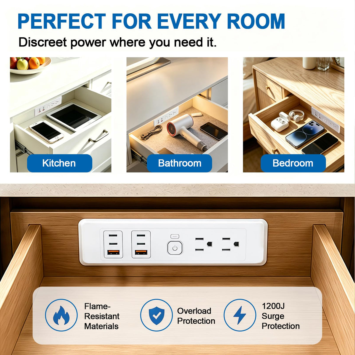 in-Drawer Outlet Kit with Retractable Arm, Integrated Safety Shutoff, PD30W