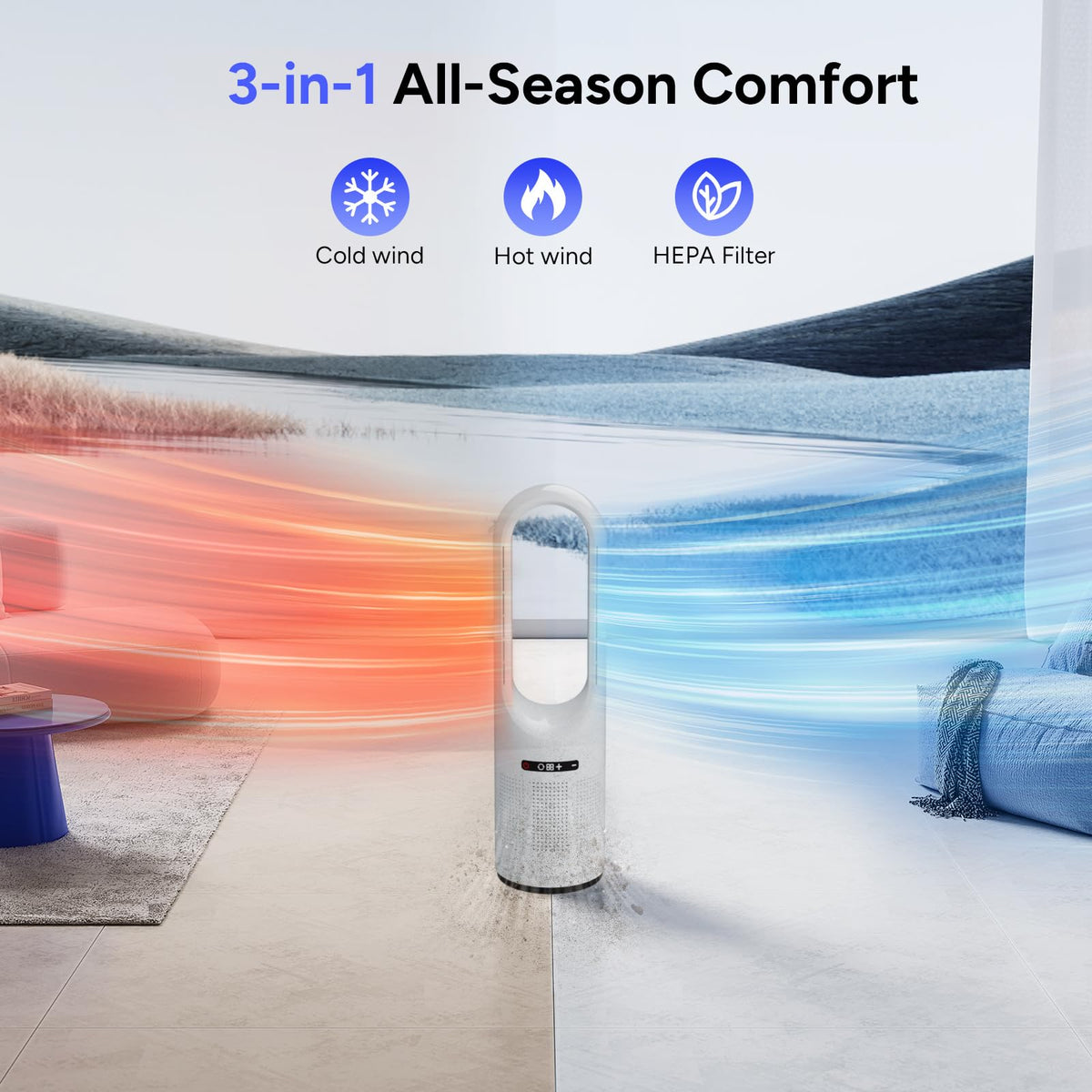 3 IN 1 Tower Fan, 31.5Inch Cooling & Heating Bladeless Fan with HEPA Filter 99.97%, Heater Fan Floor Fan Combo 80° Oscillating with Remote, 8H Timer for Indoor, Bedroom, Home Office Room