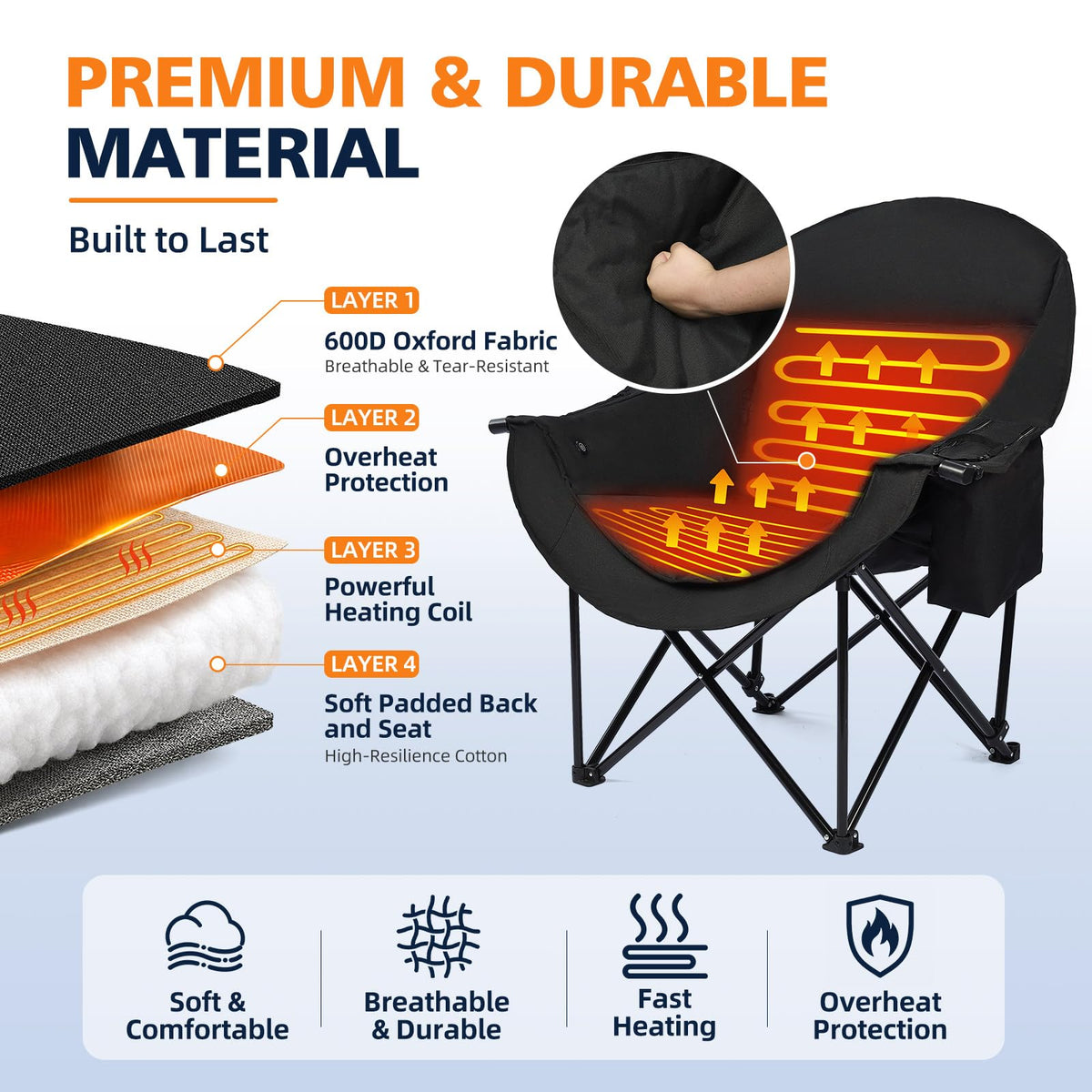 Heated Camping Chair - Oversized Padded Outdoor Folding Comfy Chair