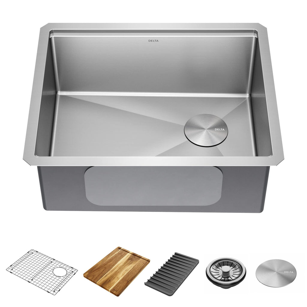 DELTA FAUCET 95A932-33S-SS Lorelai Workstation Kitchen Sink Drop-in Top Mount Stainless Steel Single Bowl with WorkFlow Ledge and Chef’s Kit of 5 Accessories