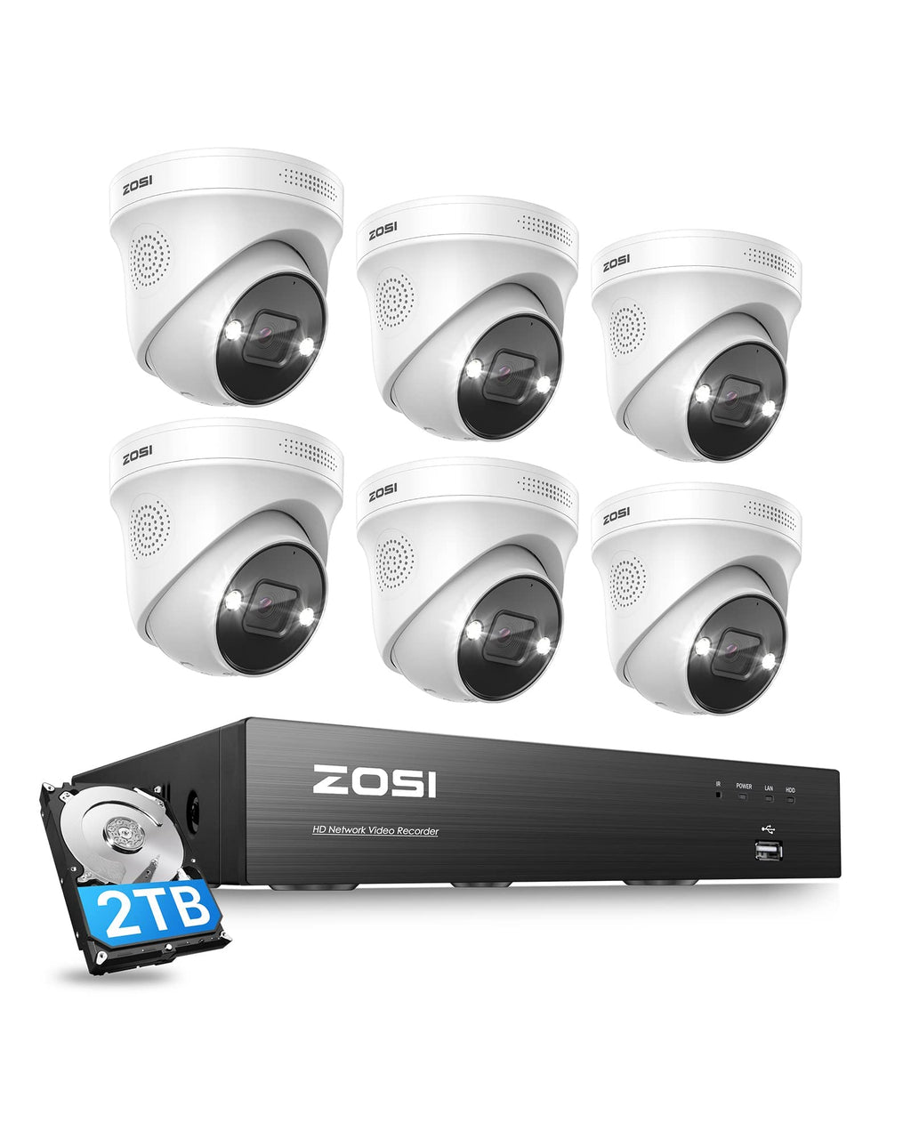 ZOSI 4K 8CH PoE Security Camera System, 8X 8MP Outdoor Dome Cam, 2TB HDD