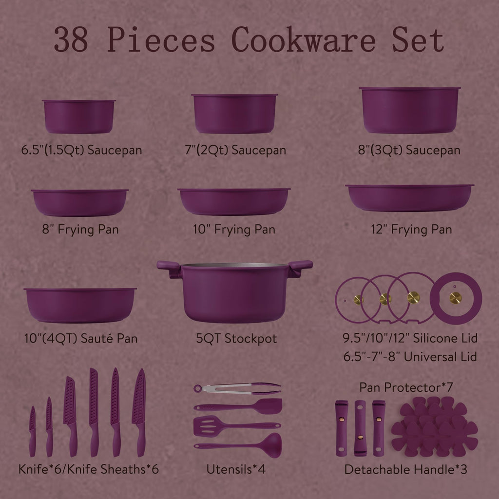 CAROTE 38pcs Pots and Pans Set with Knife, Detachable Handle Cookware