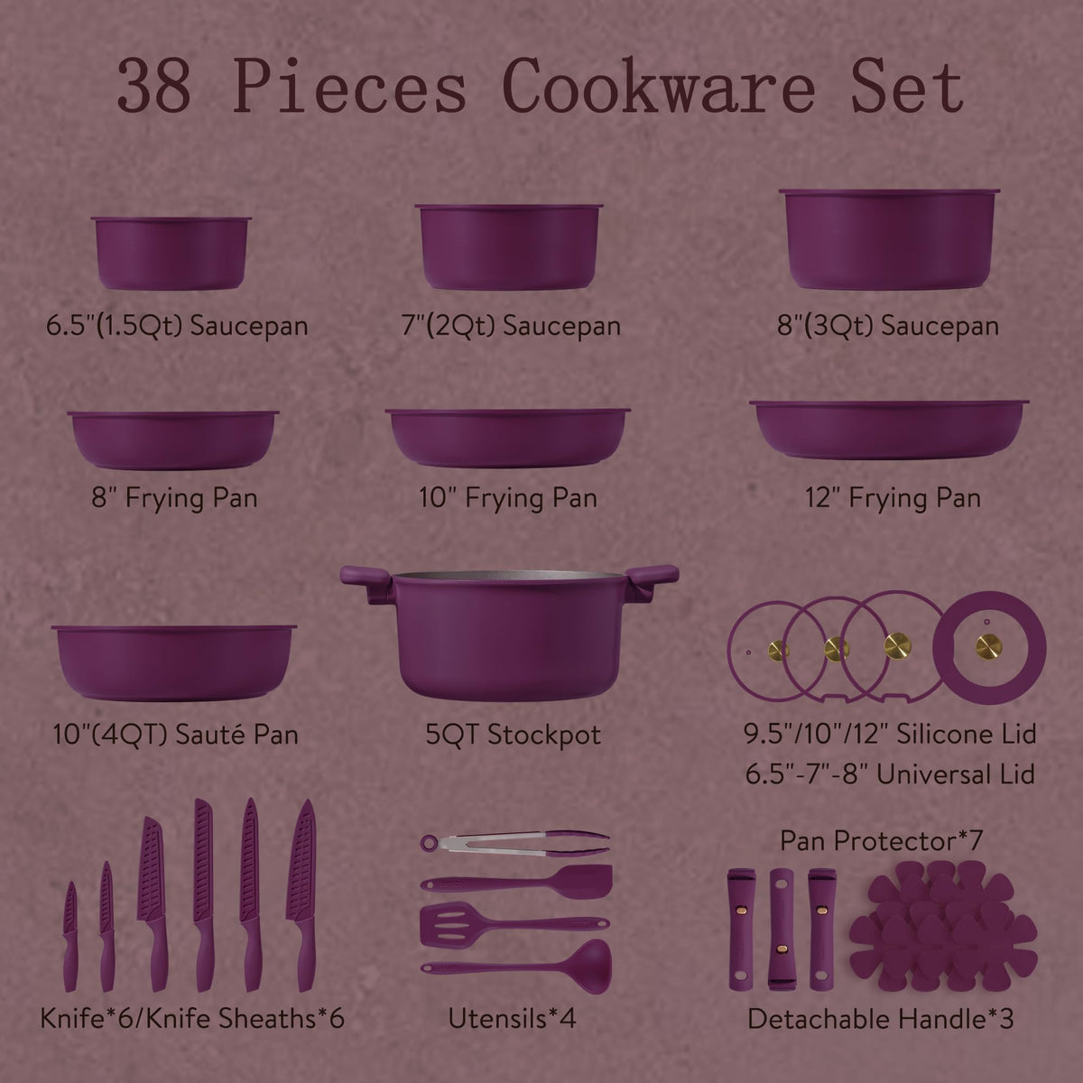 CAROTE 38pcs Pots and Pans Set with Knife, Detachable Handle Cookware