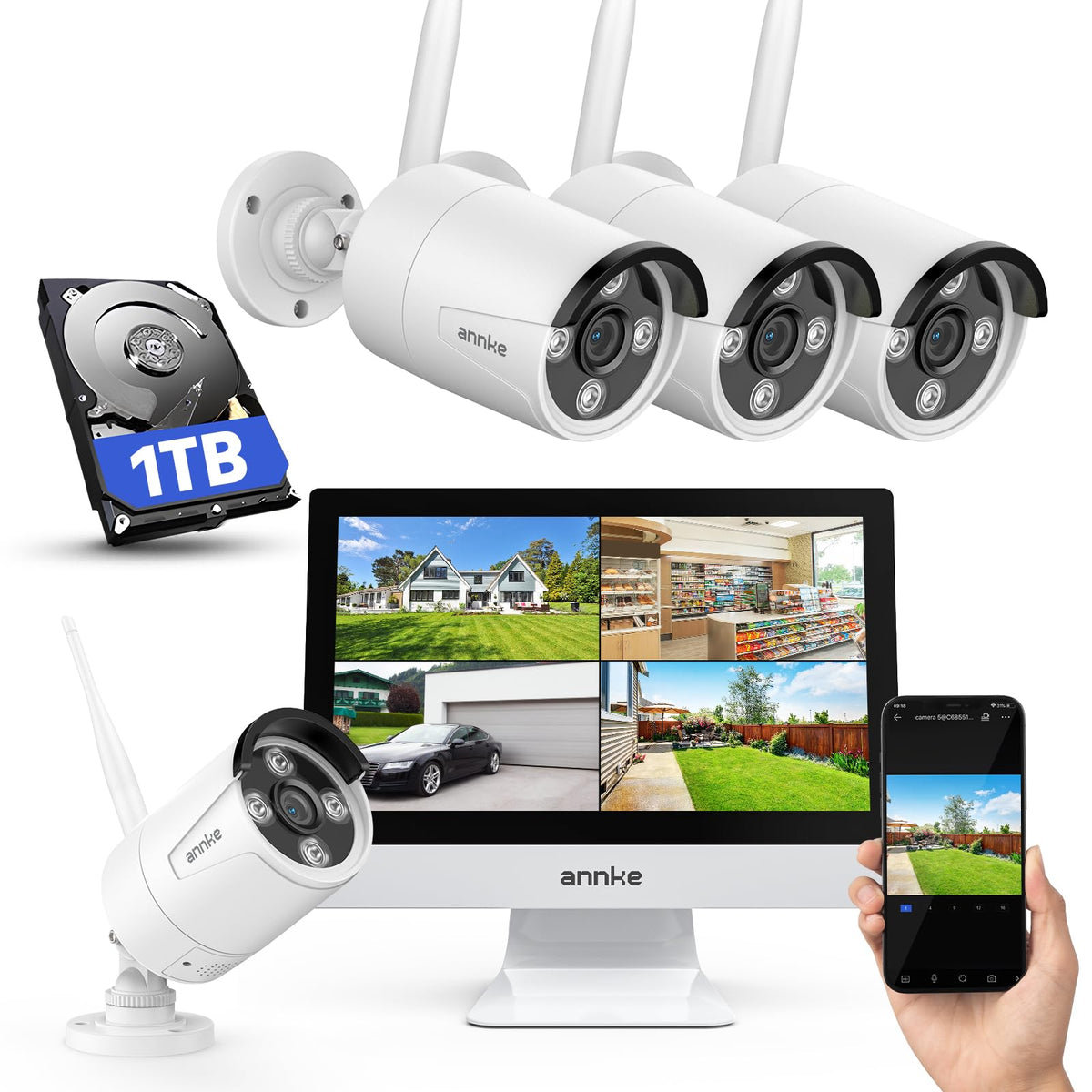 ANNKE 5MP Wireless Security Camera System, 12" Monitor, 4 Cameras, 1TB HDD