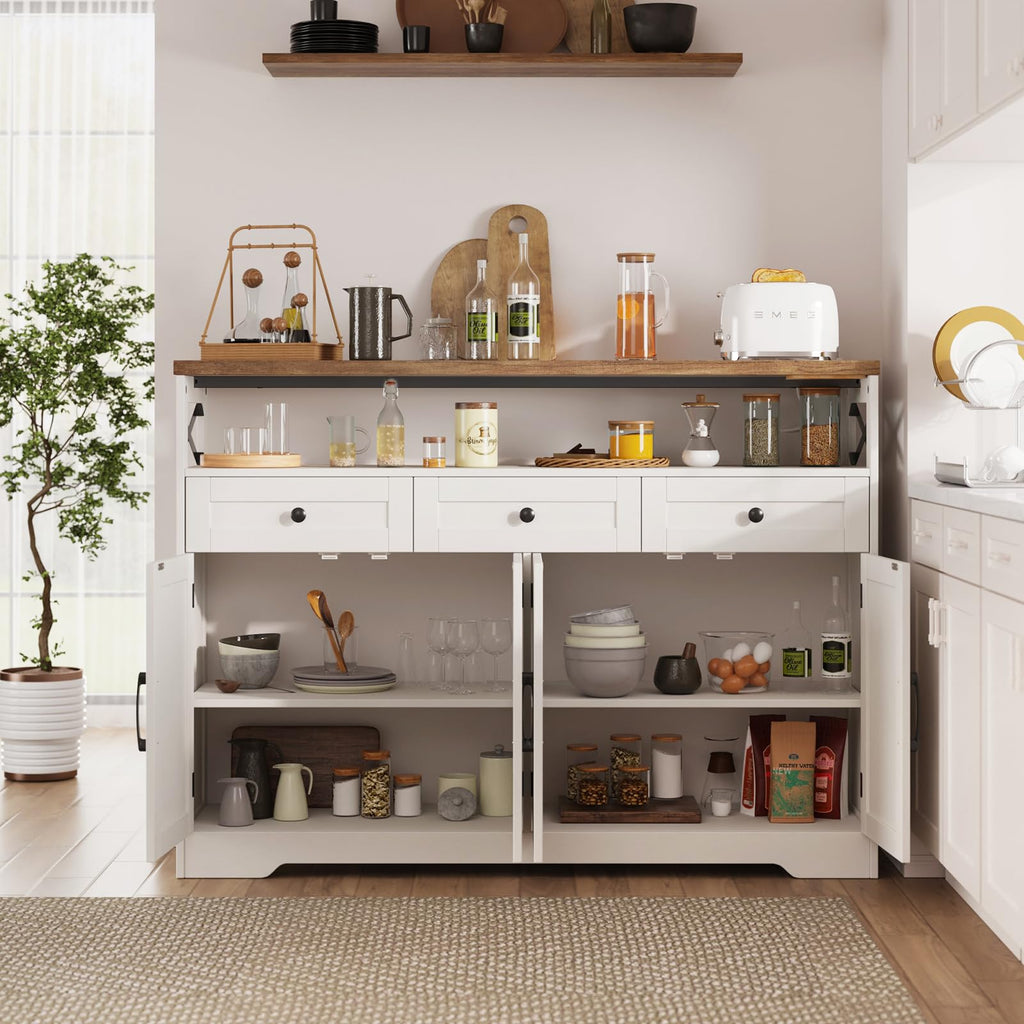 51" Farmhouse Buffet Sideboard Cabinet with Storage, White Kitchen Storage