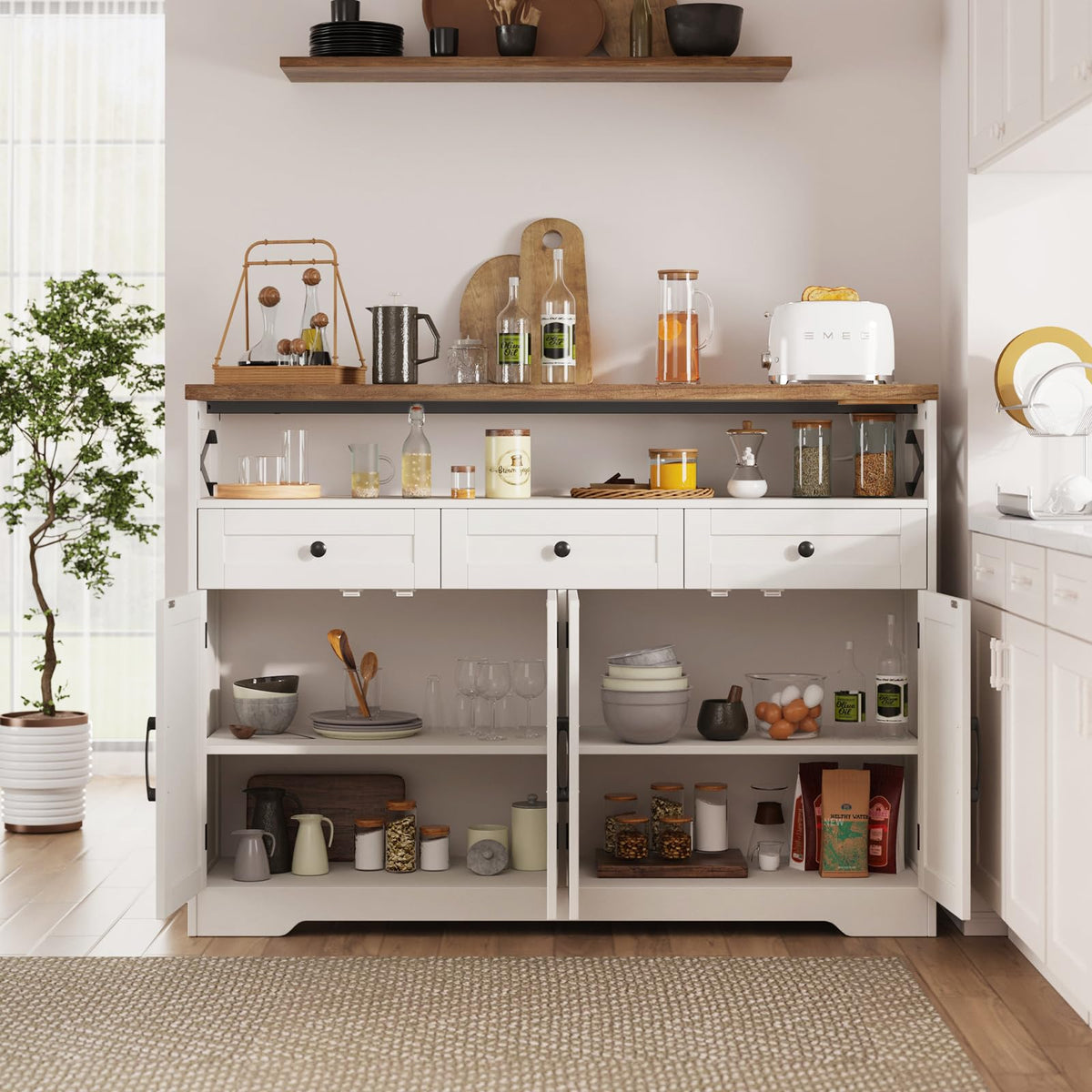 51" Farmhouse Buffet Sideboard Cabinet with Storage, White Kitchen Storage