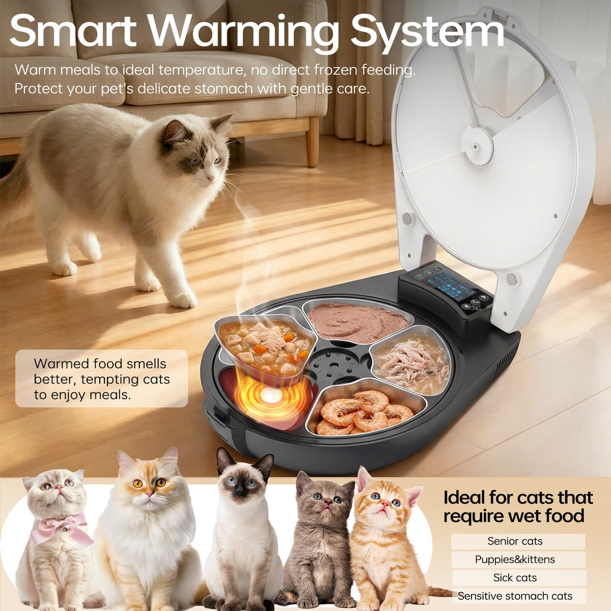 Automatic Wet Food Cat Feeder, 3 Days 5 Freshness Meals Refrigerated Auto Cat Feeder, Semiconductor Cooling & Heating with 304 Stainless Steel Bowl, Programmable Timer Cat Food Dispenser