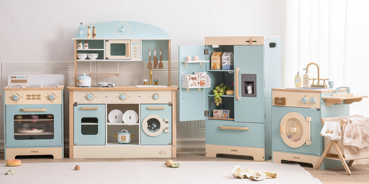 ROBUD 4-in-1 Wooden Play Kitchen Set with Fridge Washer Dishwasher