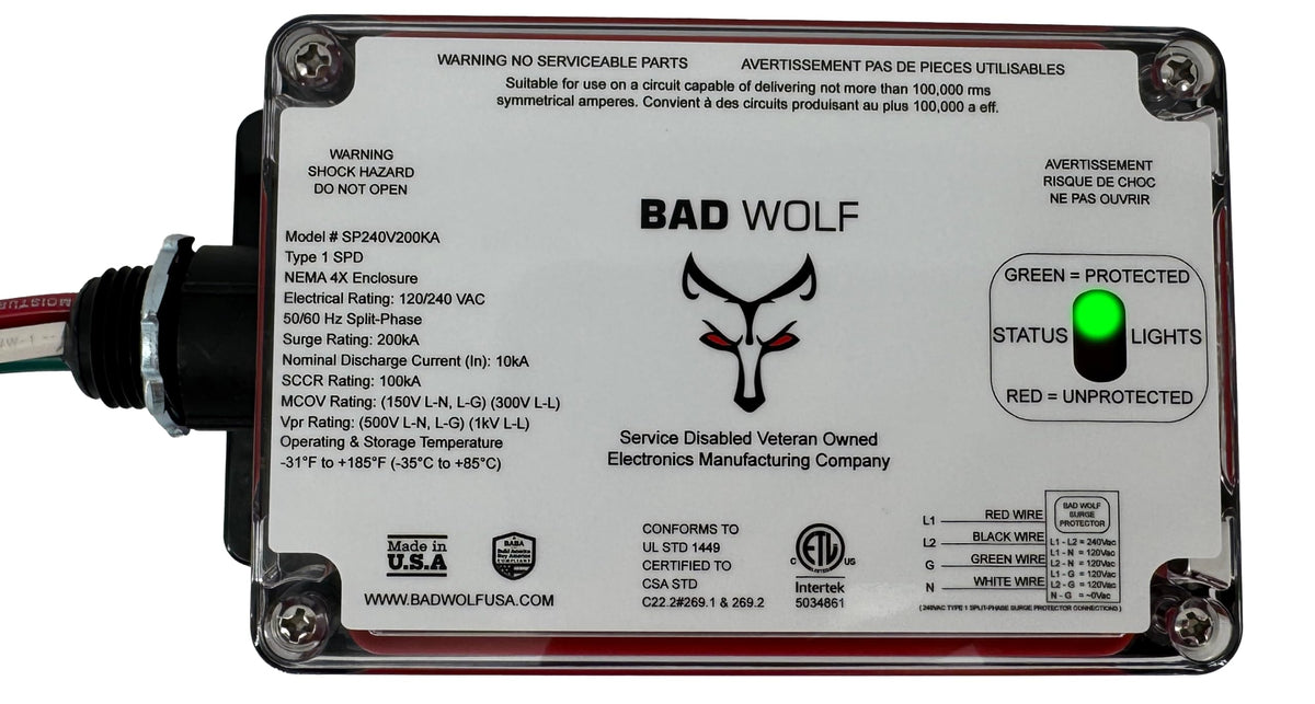 Bad Wolf SP240V200KA-A Made in USA 200kA Type 1 Direct Panel Mount SPD