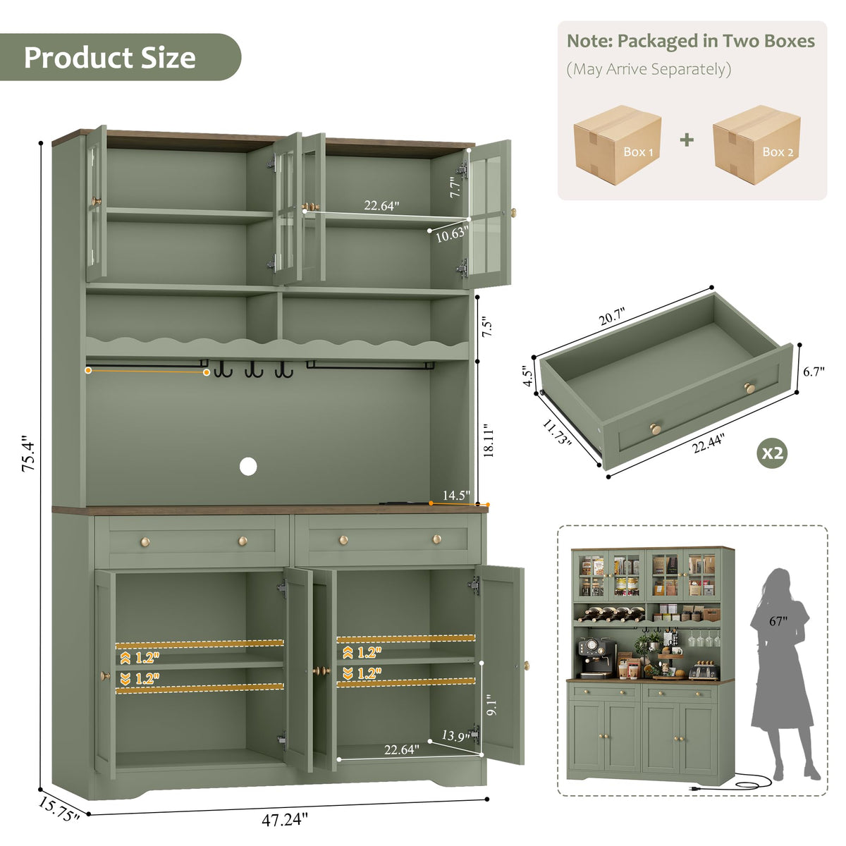HOSTACK 75"H Kitchen Pantry Storage Cabinet, Kitchen Hutch Cabinet, Green