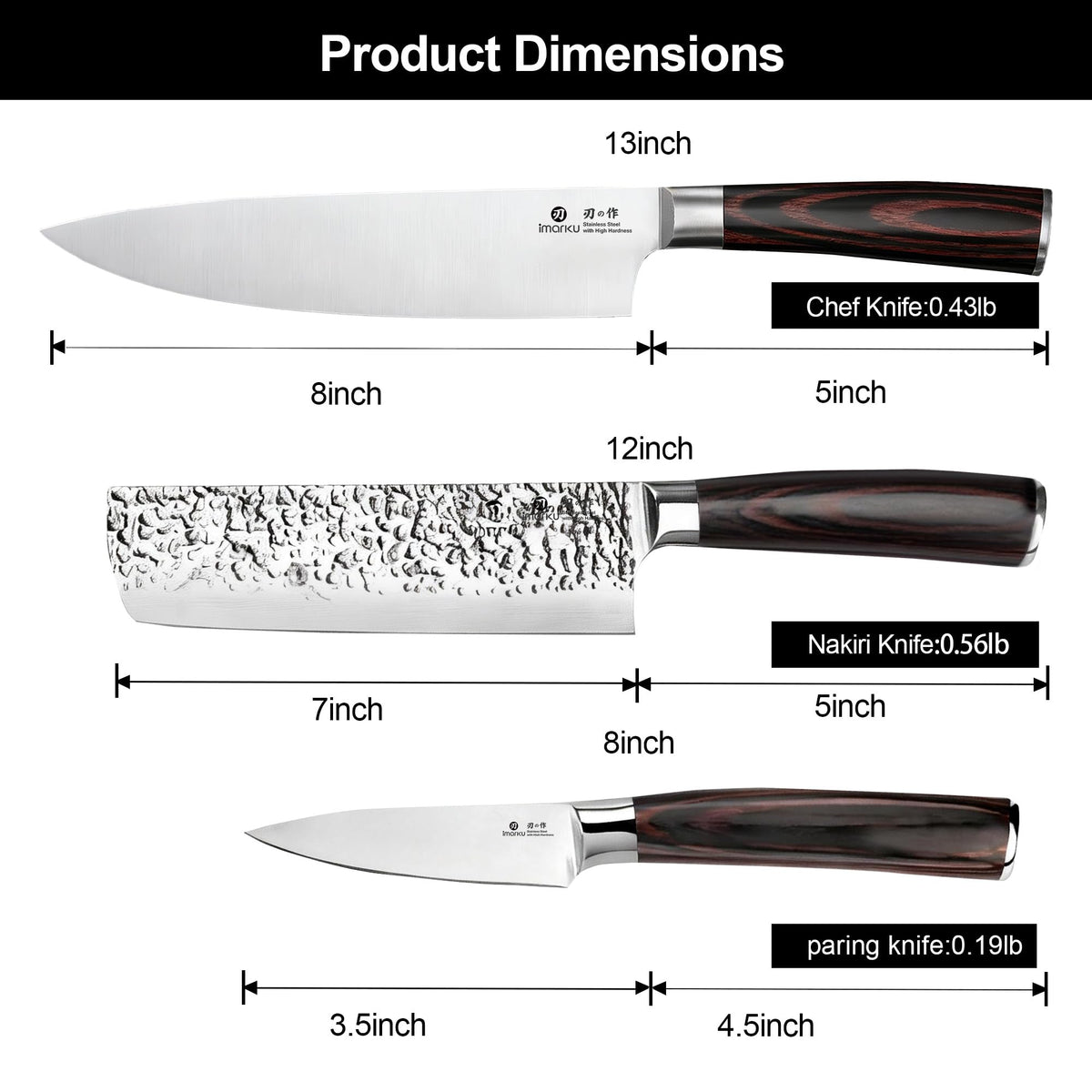 imarku 3 Pieces Knife set, Japanese HC Stainless Steel Kitchen Knife Set