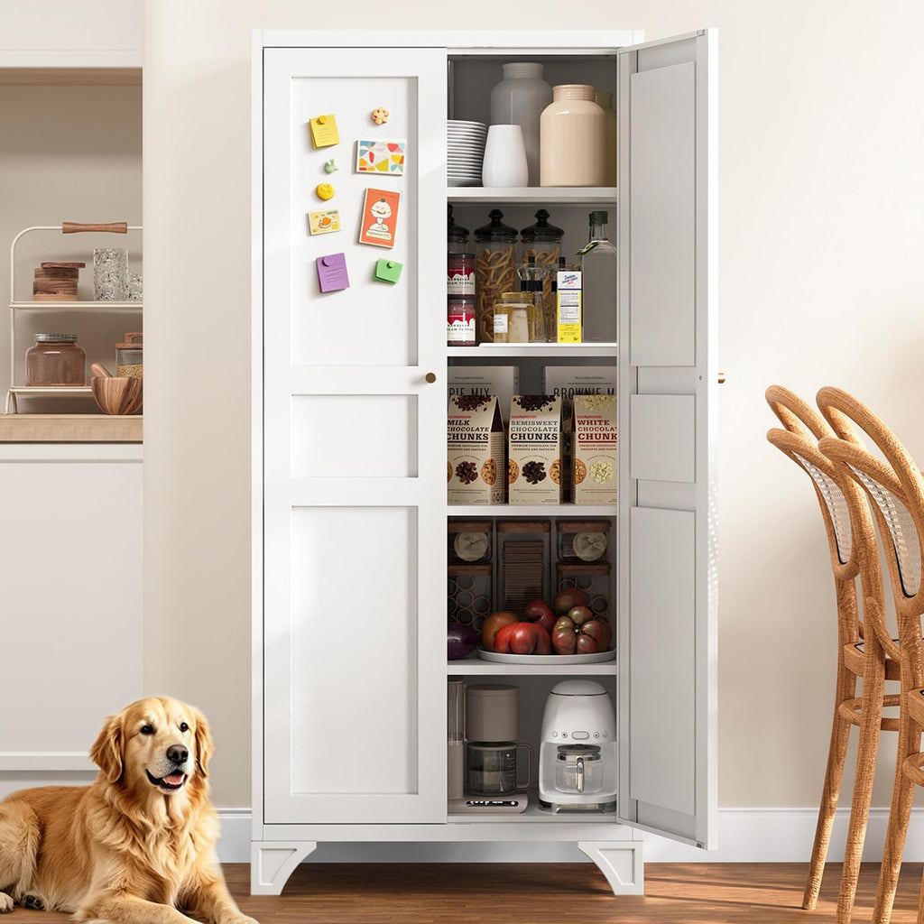 Metal Pantry Storage Cabinets with Doors and Shelves,75" Tall White