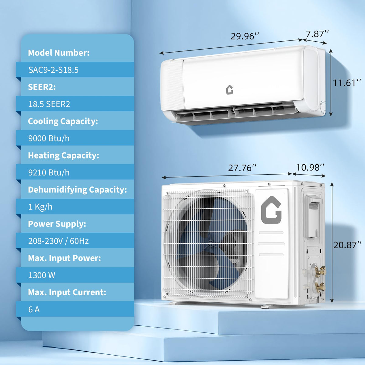 9000 BTU Mini Split AC,18.5 SEER2 230 V Inverter AC Cools Up to 450 Sq.Ft