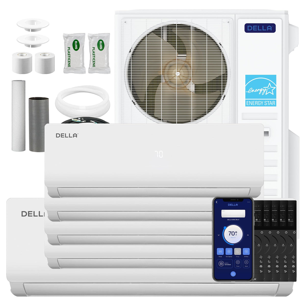 DELLA 55K BTU 5 Zone Mini Split AC (3x9K+2x18K), 22.5 SEER2, for 3200 Sq Ft