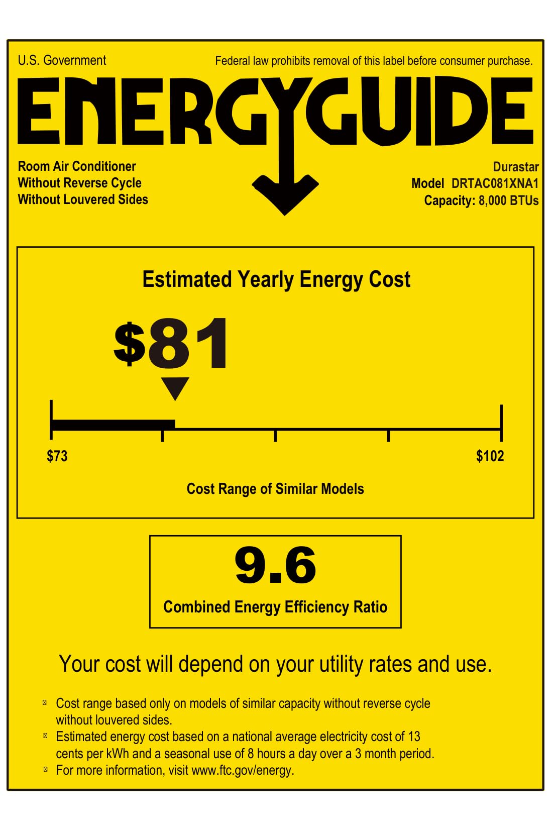 Durastar 8,000 BTU Through the Wall 115V Air Conditioner and Remote