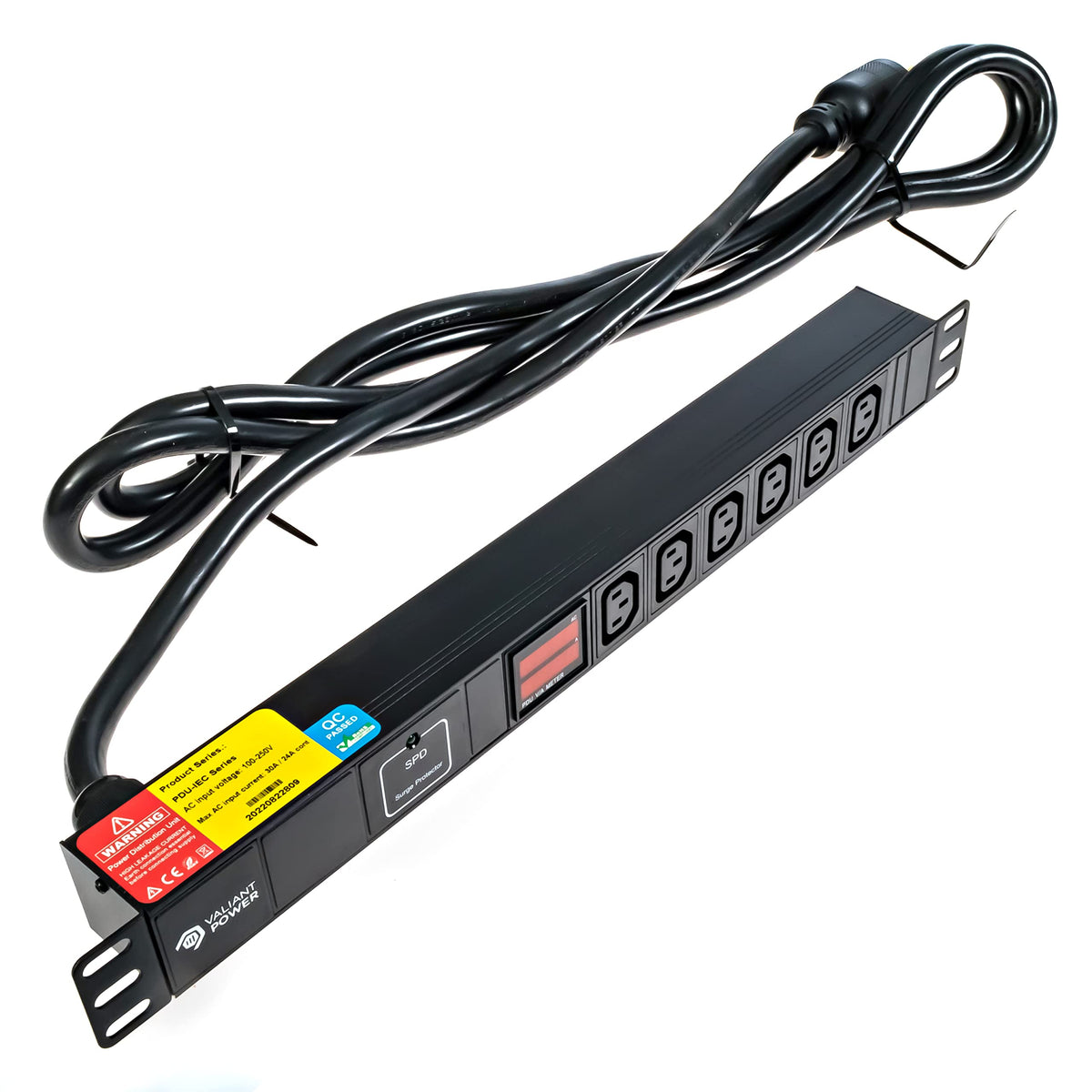 Rack Mount Power Strip - 240V 30A Single Phase PDU with Built-in Surge Protector, Volt & Amp Meter for Data Center - 19” Metal Housing, Ears & Fittings Included, 10’ Cable, 6 Outlets