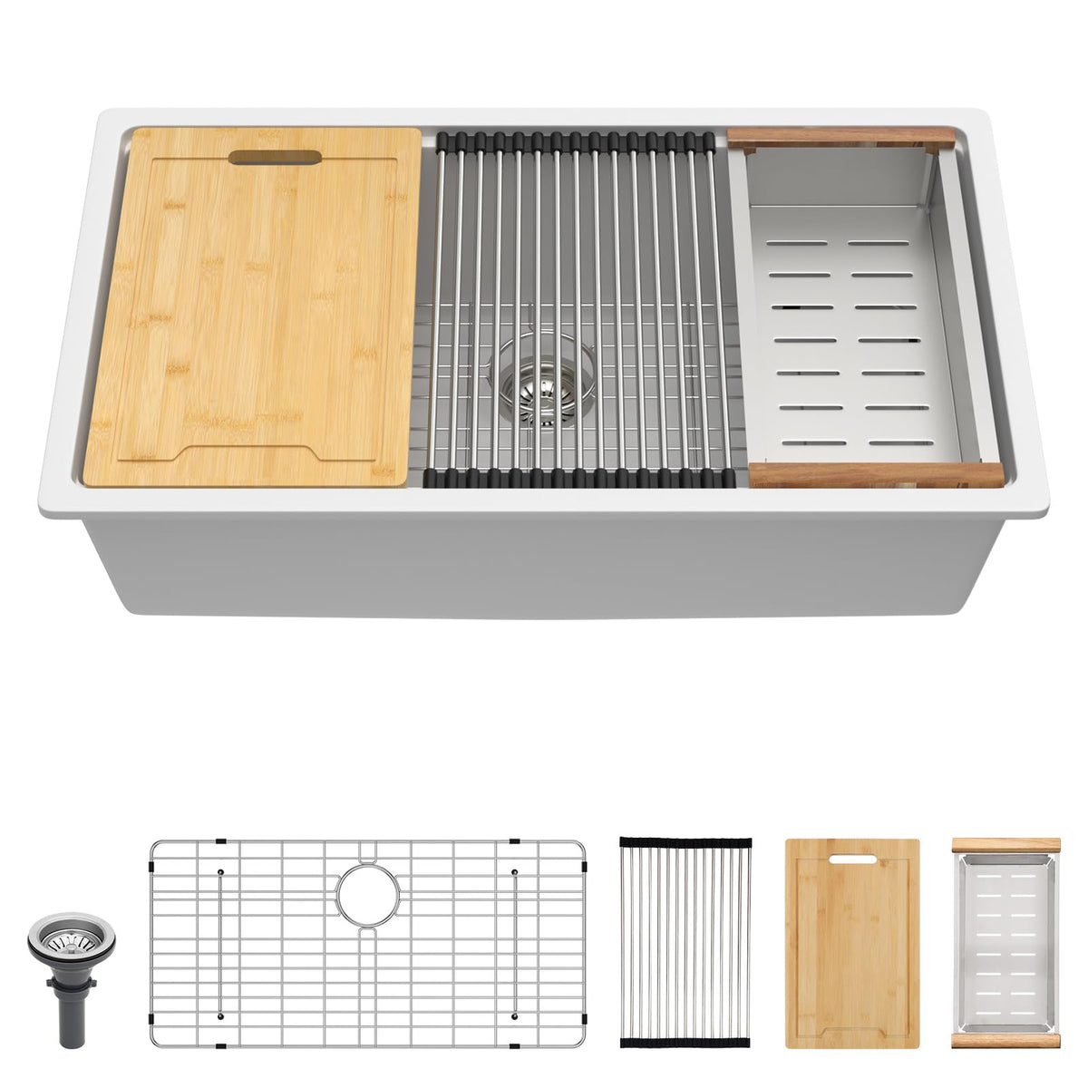 Lordear 18 Inch White Kitchen Sink Granite Composite Undermount Bar Workstation 18x18 White Quartz Sinks Under Counter Single Bowl with Classic Gold Accessories