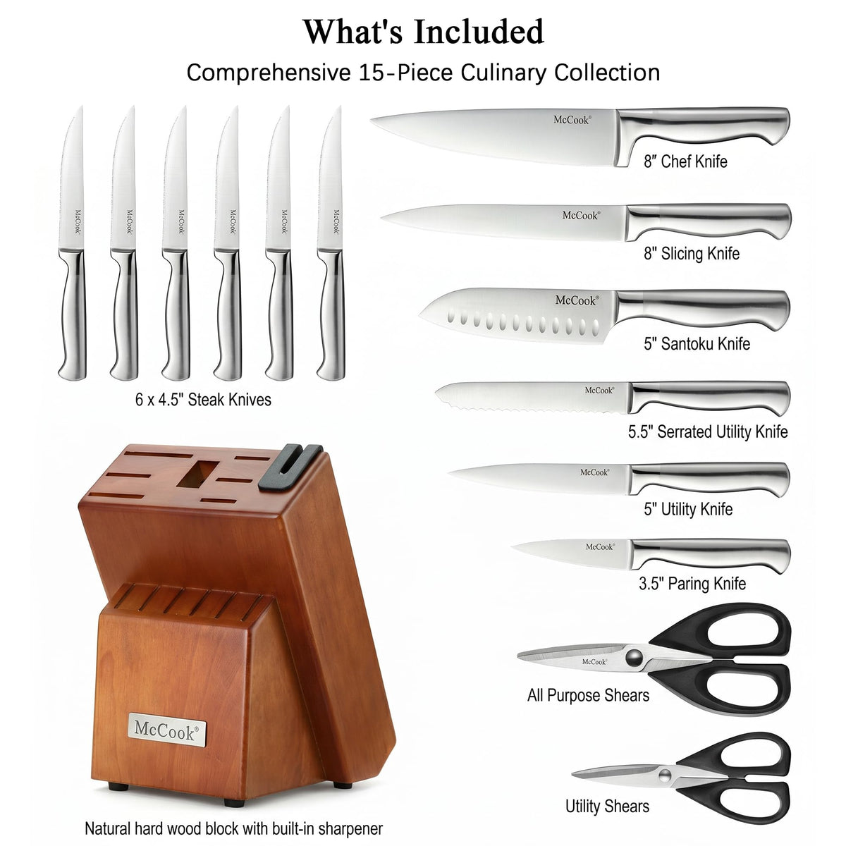 McCook Kitchen Knife Set 15PC Knife Block Set w Built-in Sharpener