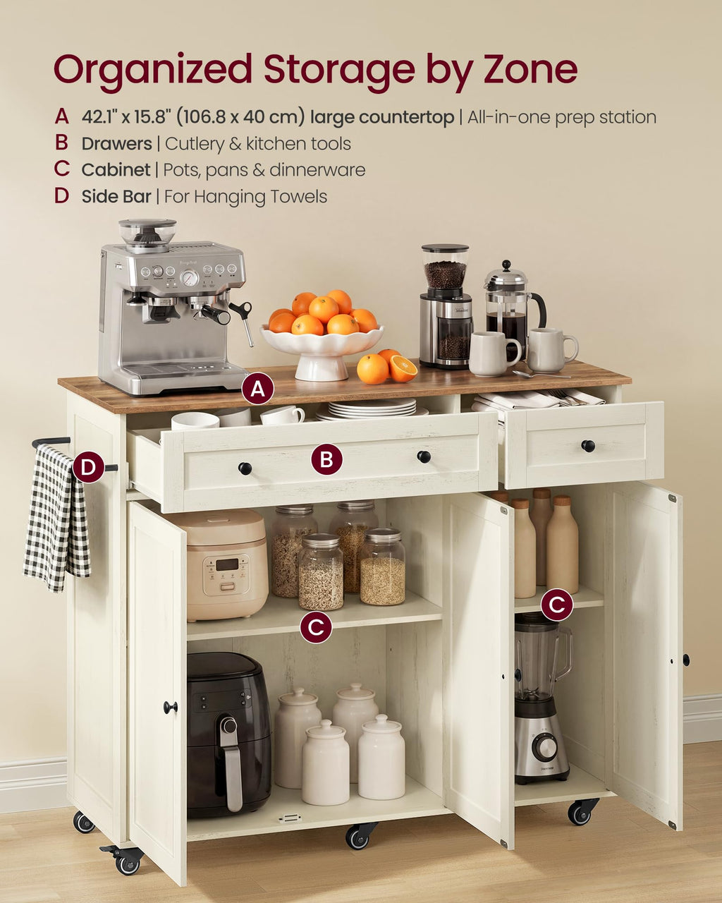 VASAGLE Mobile Kitchen Wooden Island Cart with Storage for Dining Room