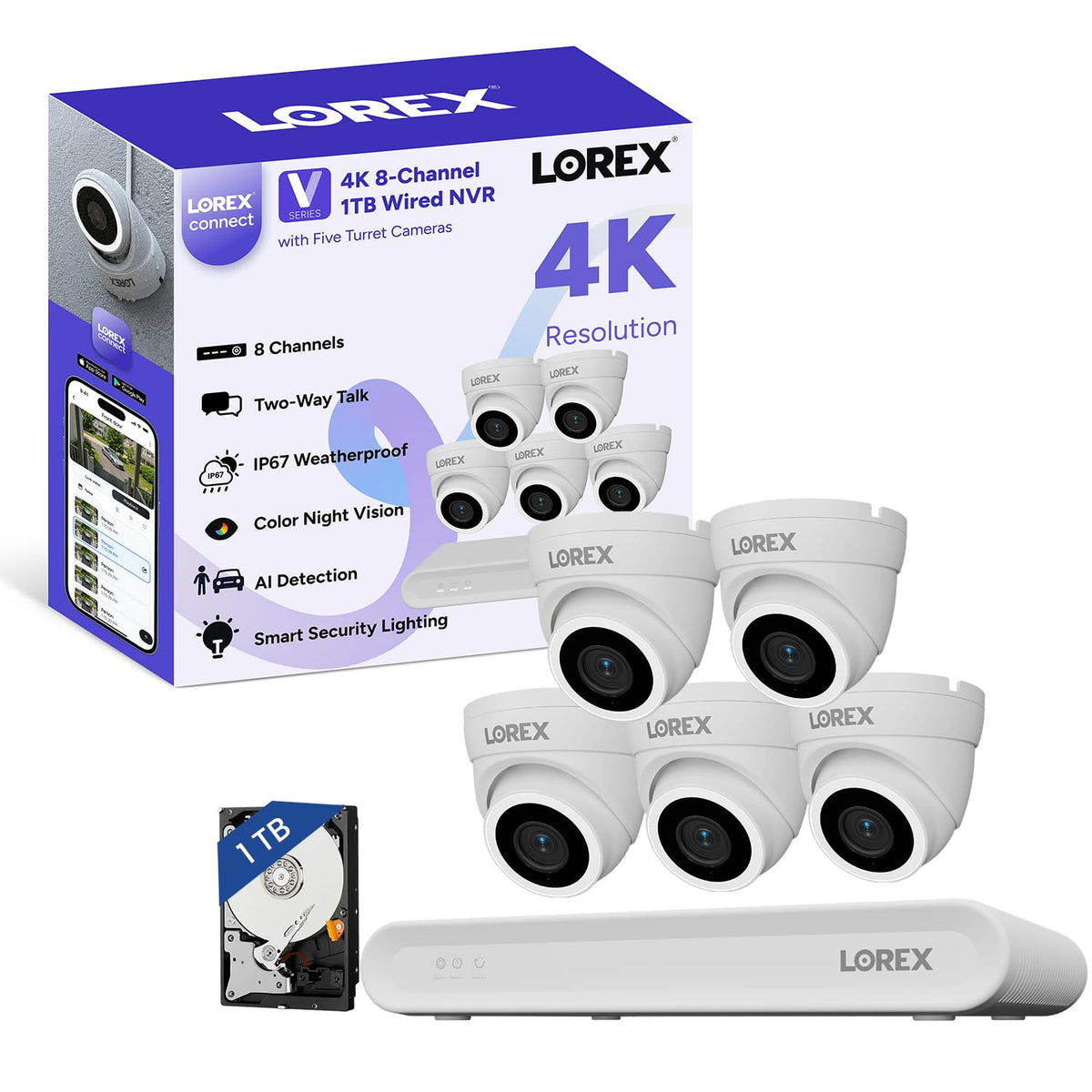 Lorex Connect App | V-Series | 8Ch 4K NVR System | 5 V3 Dome IP Cameras