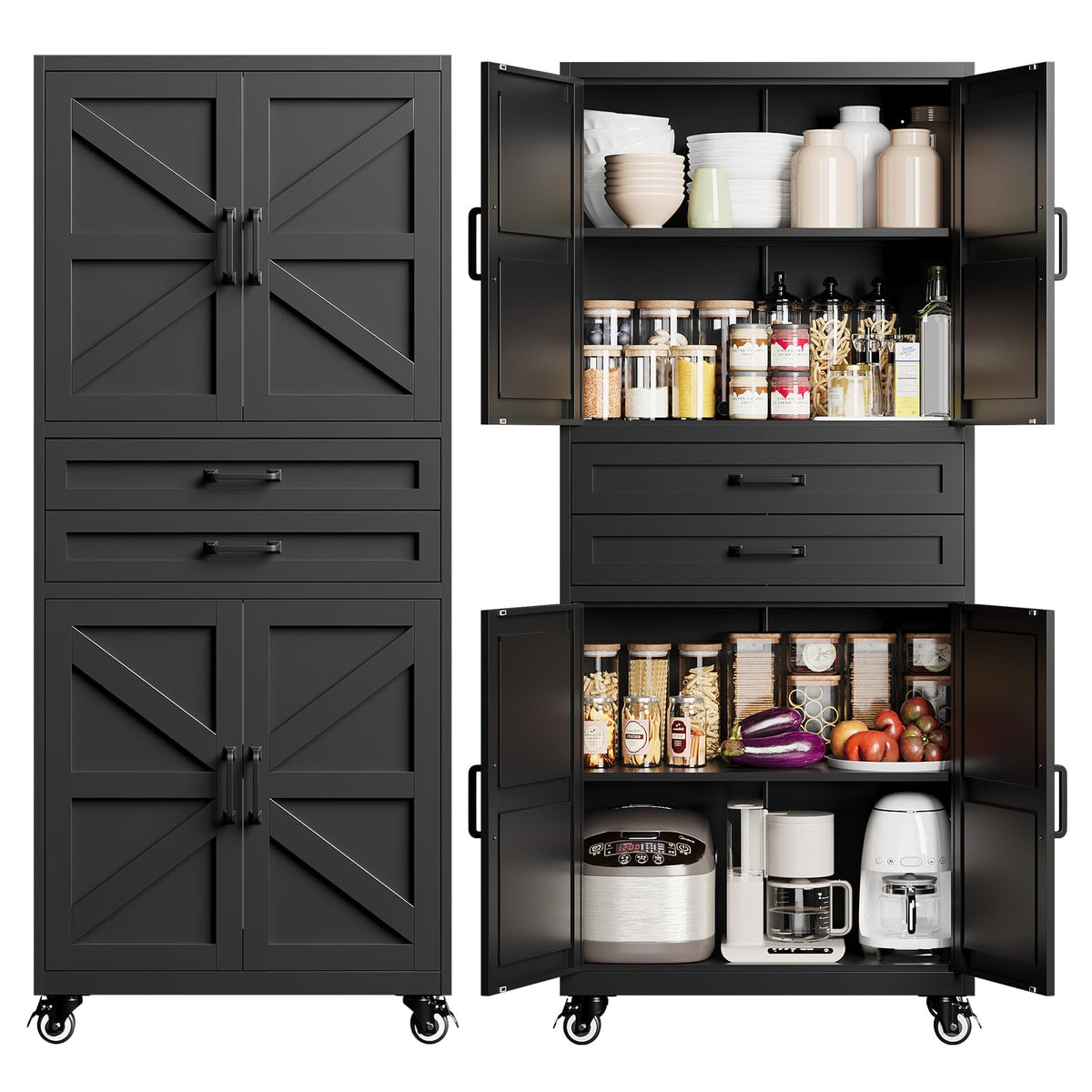 Metal Pantry Storage Cabinets with Doors and Shelves,75" Tall White