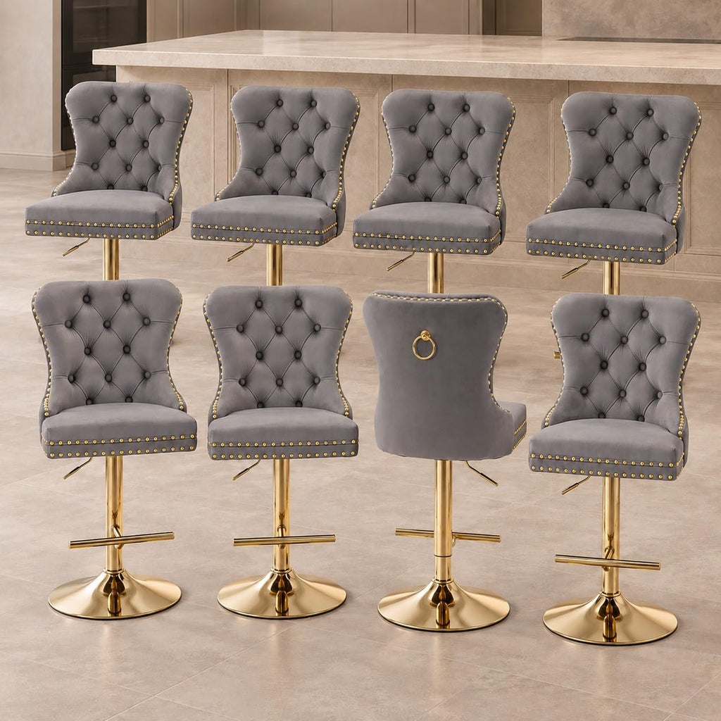 Velvet Swivel Bar Stools Set of 4, Height Adjustable, Black with Gold Base