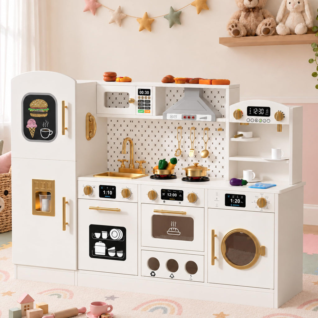 Wooden Play Kitchen for Kids, Pretend Kitchen Play Toy Kitchen Set(Ages 3+), Pink