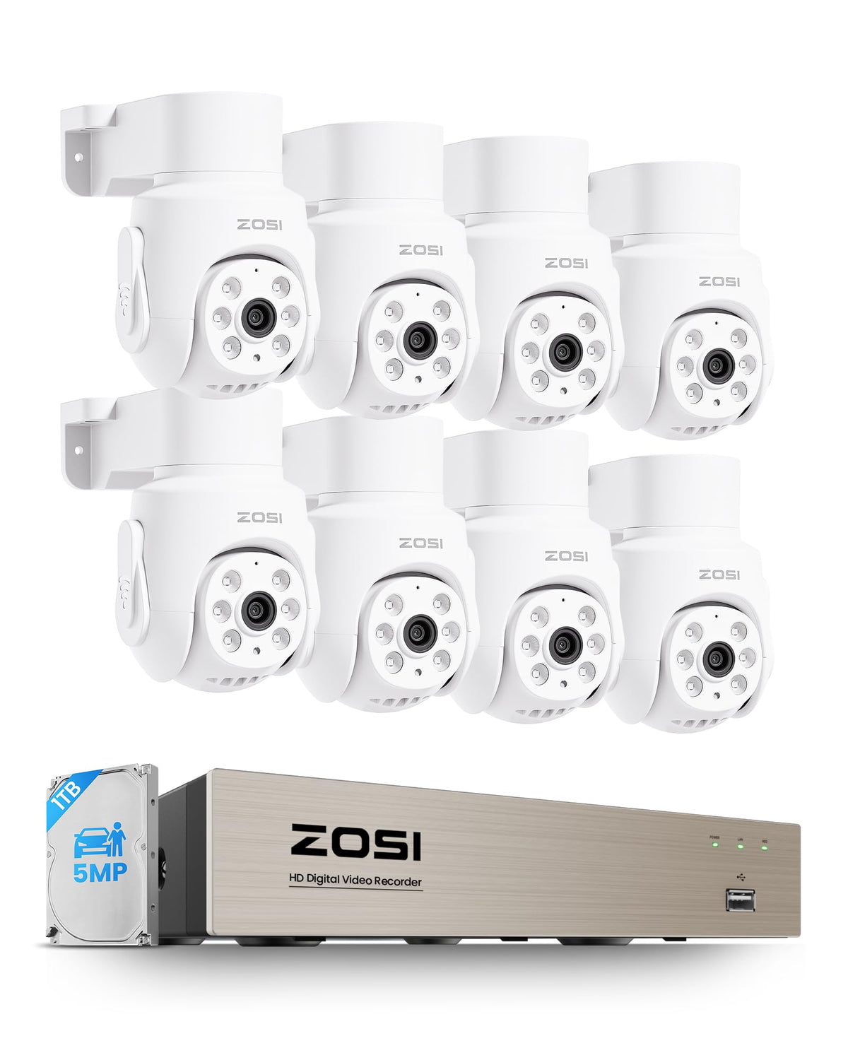 ZOSI 5MP Wired Security Camera System, 8pcs 3K Pan/Tilt Cameras, 1TB HDD