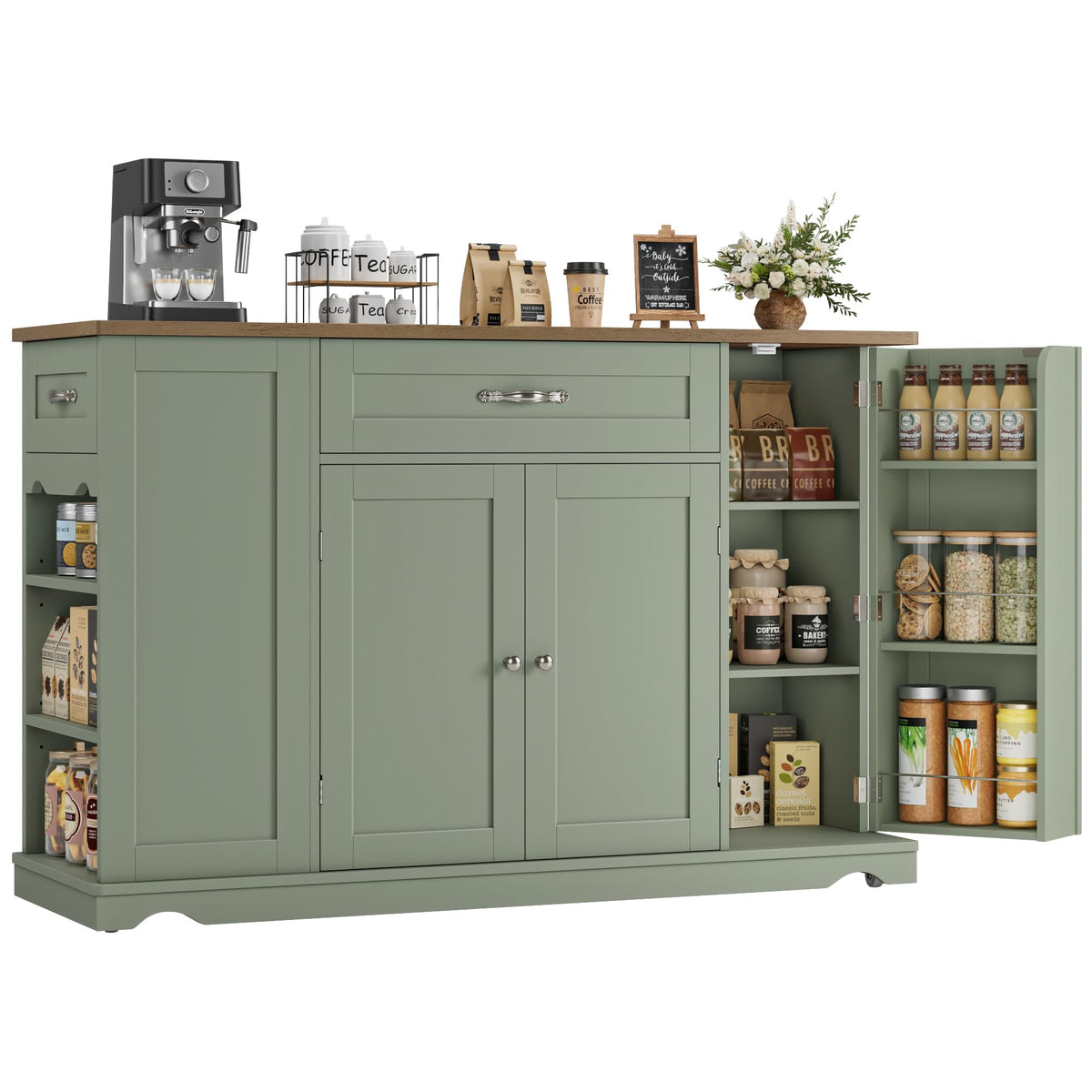 HOSTACK 47"W Kitchen Island Cart with Storage, Rolling Island Table, Green