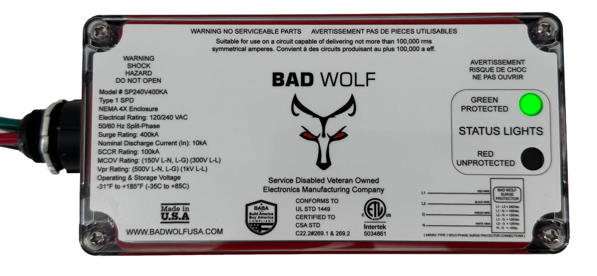 Bad Wolf SP240V400KA-A Made in USA 400kA Type 1 Direct Panel Mount SPD