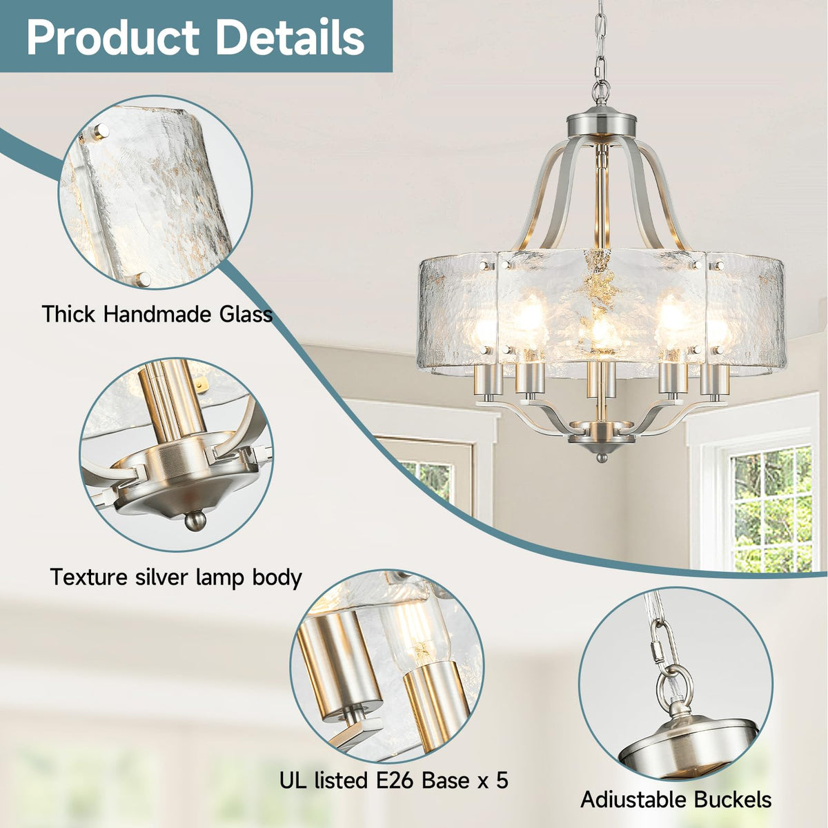 20.4'' Brushed Nickel Glass Chandeliers for Dining Room Light Fixture