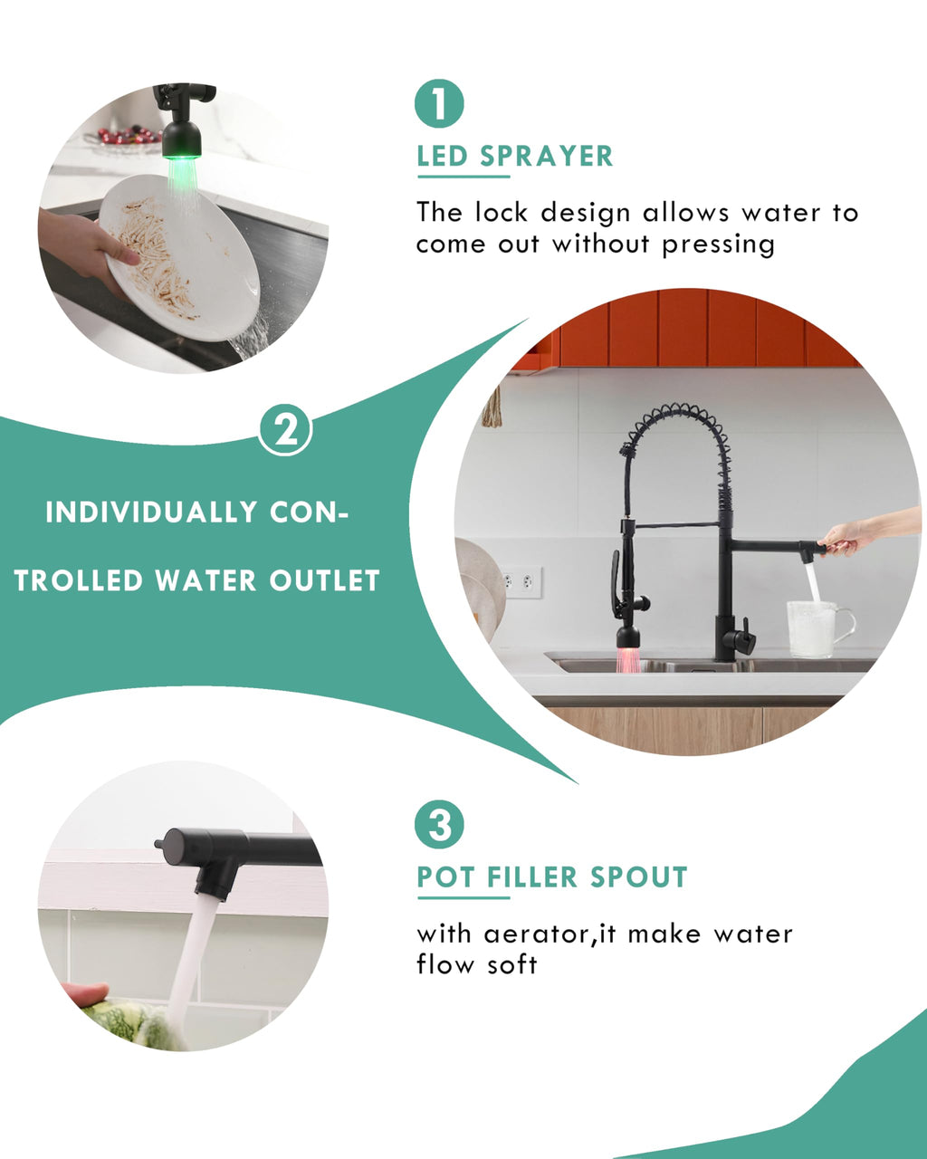 Fapully Black Kitchen Faucet with Pull Down Sprayer,Commercial LED Kitchen Faucet,Single Handle Single Hole Kitchen Sink Faucets