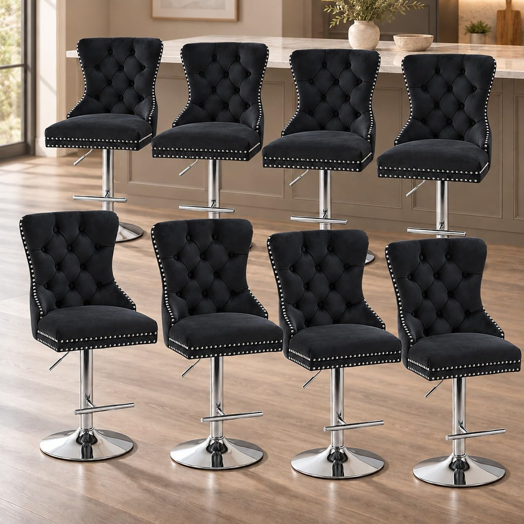 Velvet Swivel Bar Stools Set of 4, Height Adjustable, Black with Gold Base