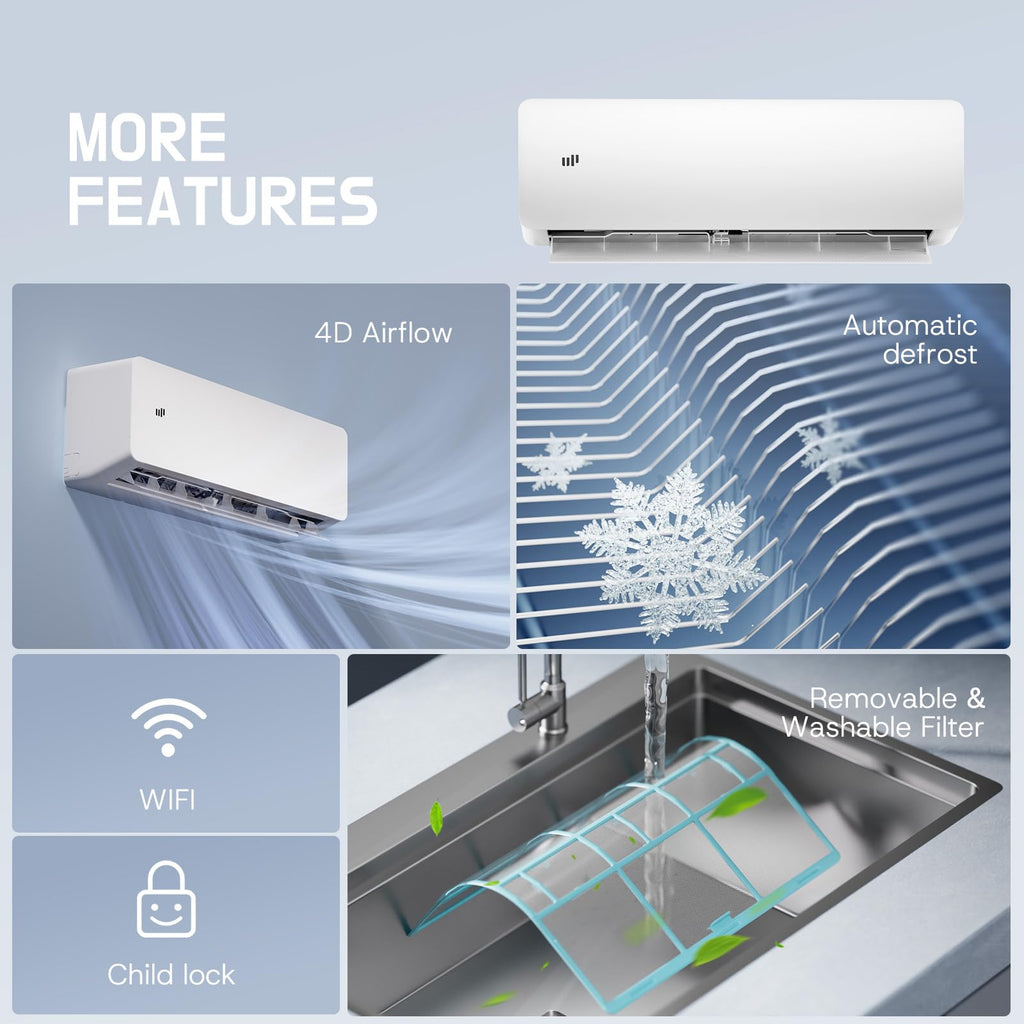 Upstreman 12000 BTU Mini Split AC Heating System, 20 SEER2 230V Mini Split Air Conditioner, Pre-Charged Heat Pump Ductless Inverter System, Up to 750 Sq.Ft, WiFi Control, with Mounting Bracket