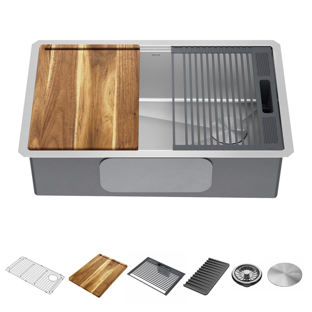 DELTA FAUCET 95A932-33S-SS Lorelai Workstation Kitchen Sink Drop-in Top Mount Stainless Steel Single Bowl with WorkFlow Ledge and Chef’s Kit of 5 Accessories