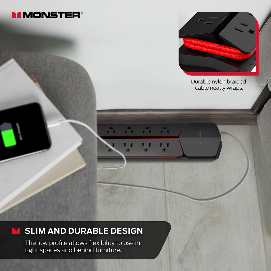 Monster Power Vertex Surge Protector with Detachable USB Power Strip (Black, Power Vertex XL)