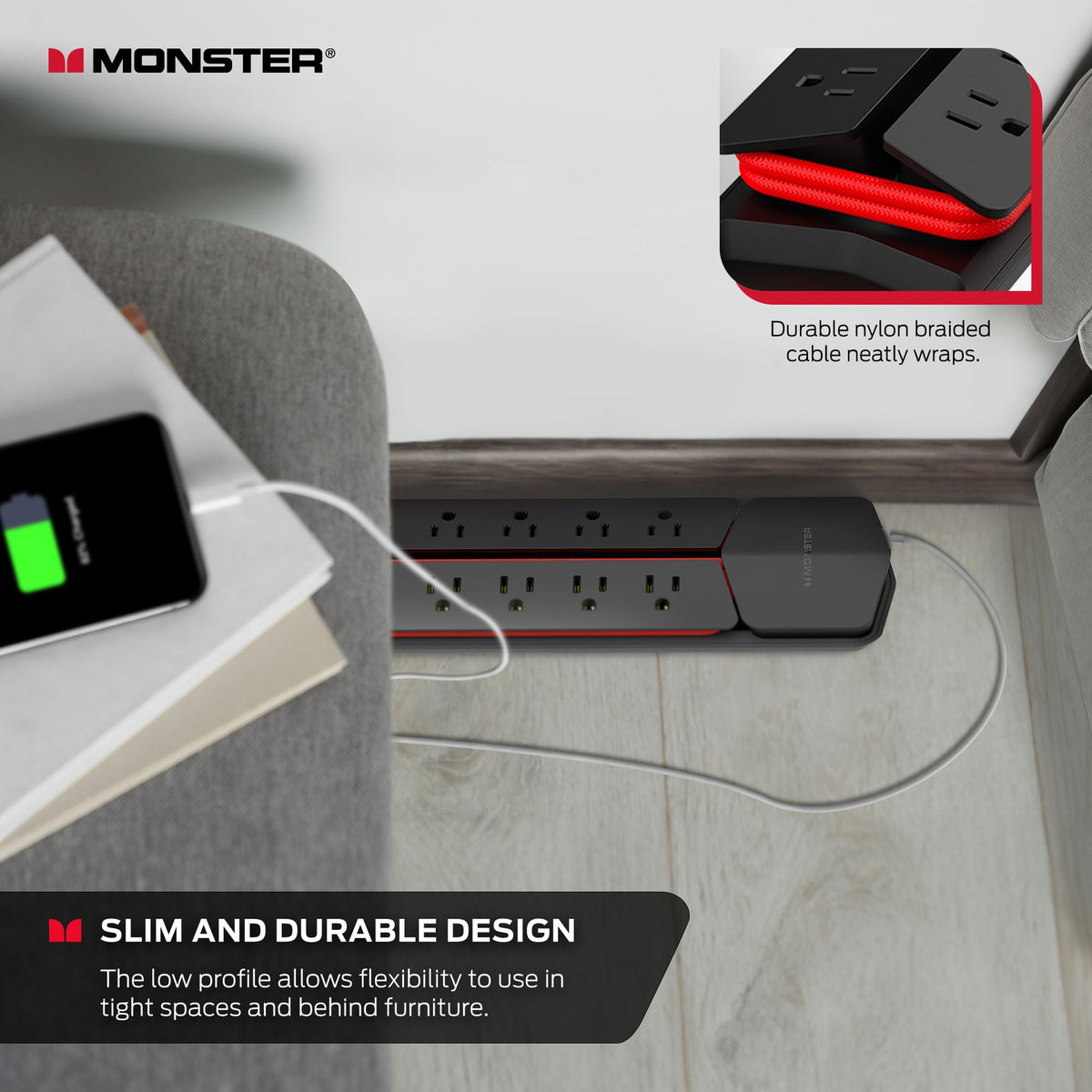 Monster Power Vertex Surge Protector with Detachable USB Power Strip (Black, Power Vertex XL)