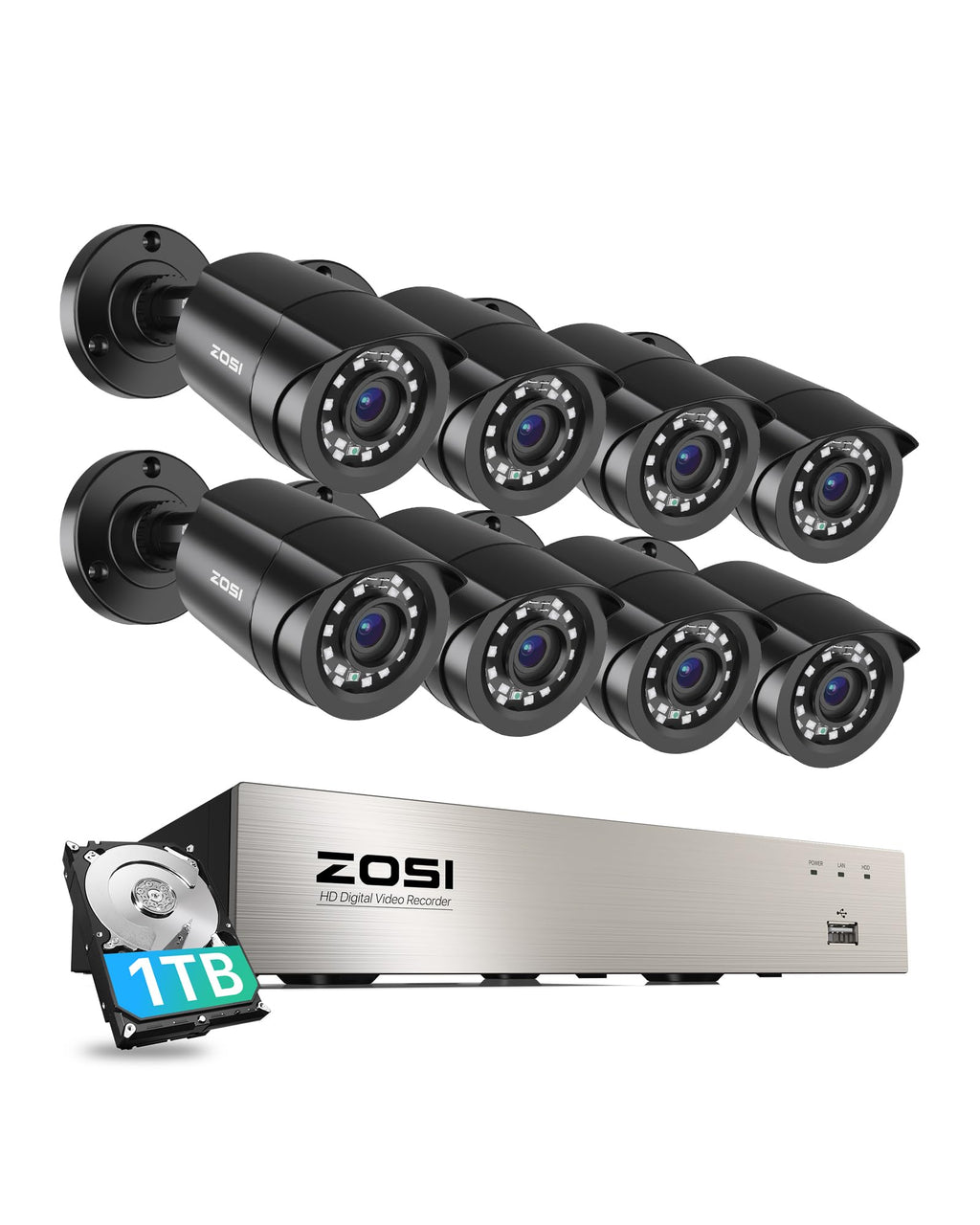 ZOSI 3K Lite 8CH Security Camera System Outdoor with 1TB Hard Drive,AI Human/Vehicle Detection,Night Vision,H.265+ 8 Channel 5MP Lite Video DVR Recorder,8X 1080P HD 1920TVL Weatherproof CCTV Cameras
