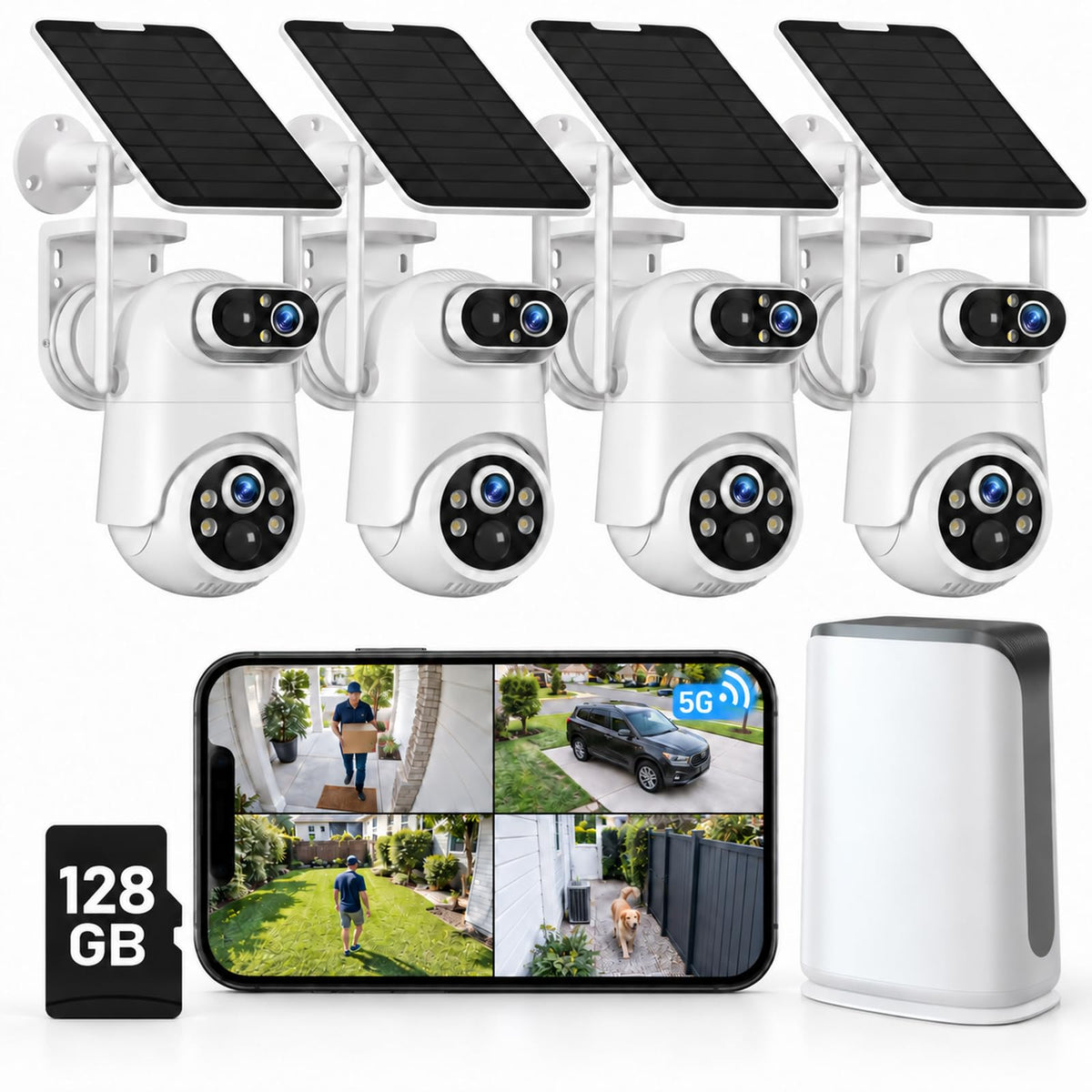 Solar Security Cameras Wireless Outdoor No Subscription with 128GB SD Home Hub, 2 Cam Kit 4 Views Dual-Len Solar Powered Camera Home Security System, 5GHz & 2.4GHz Wifi, 4MP Color Night Vision IP66