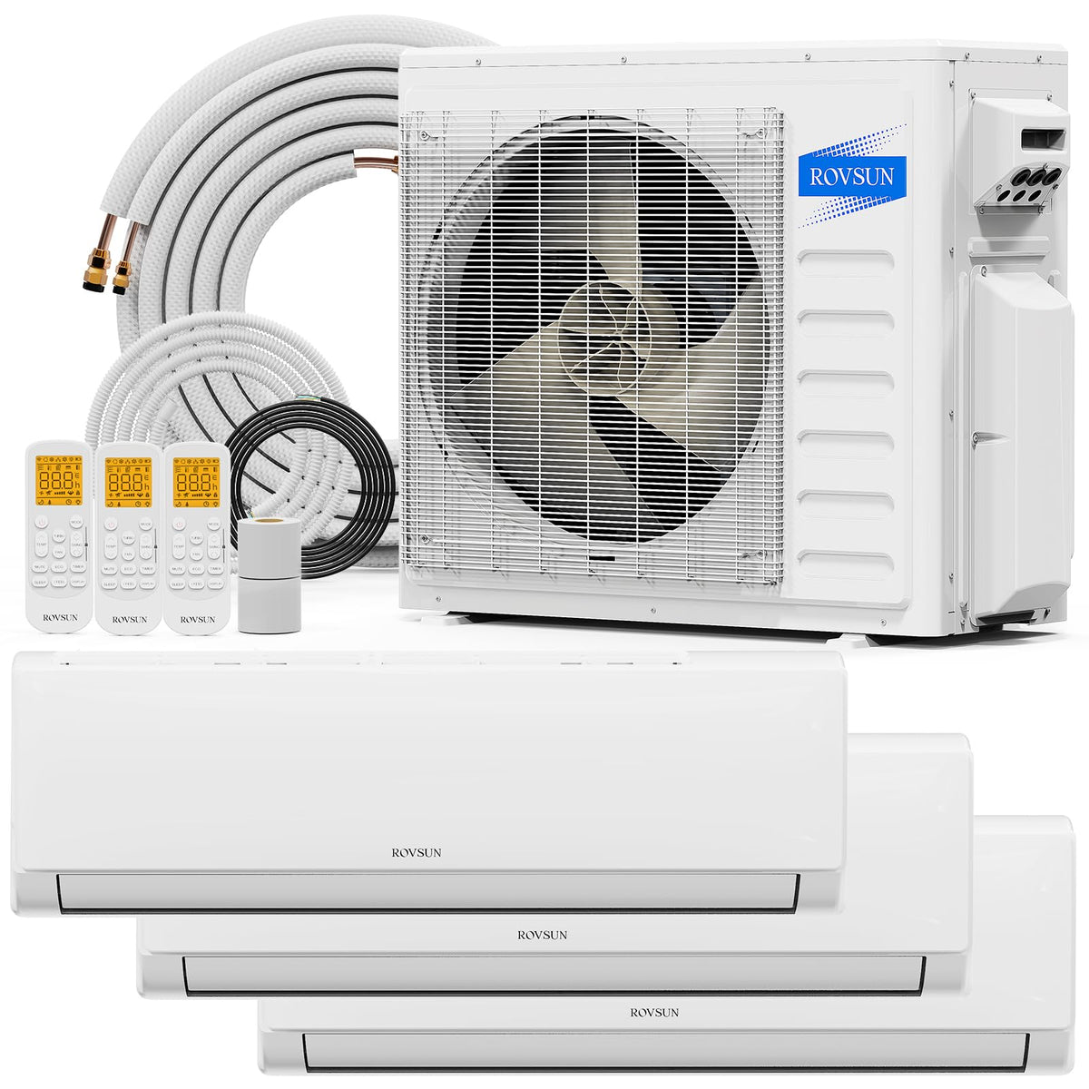 ROVSUN 3 Zone 28000 BTU (9K/9K/9K) Mini Split AC/Heating System, 20 SEER2 Tri Zone Ductless Wall Mounted Air Conditioner with Pre-Charged Condenser, Heat Pump & 25Ft Line Set, 208-230V