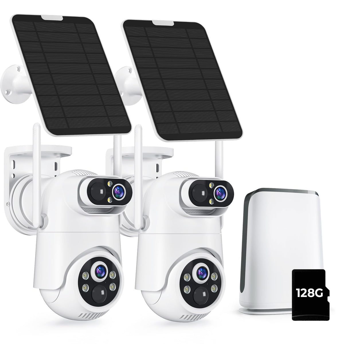 Security Cameras Wireless Outdoor No Monthly Fee, 2 Cam Kit Dual-Lens Solar Security Camera System,128GB Local Storage, IP66, Night Vision,5G&2.4G WiFi 4MP Cameras for Home Security Router Compatible
