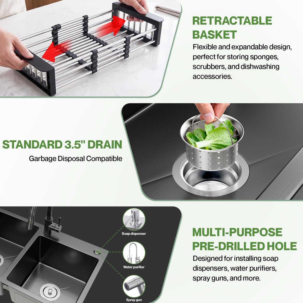 30-inch Black Kitchen Sink, Double Bowl Drop-in/Top-Mount 304 Stainless Steel with Nano Coating, Includes Drain Assembly & Fruit Basket for Modern Kitchen (30.7" x 16.9")
