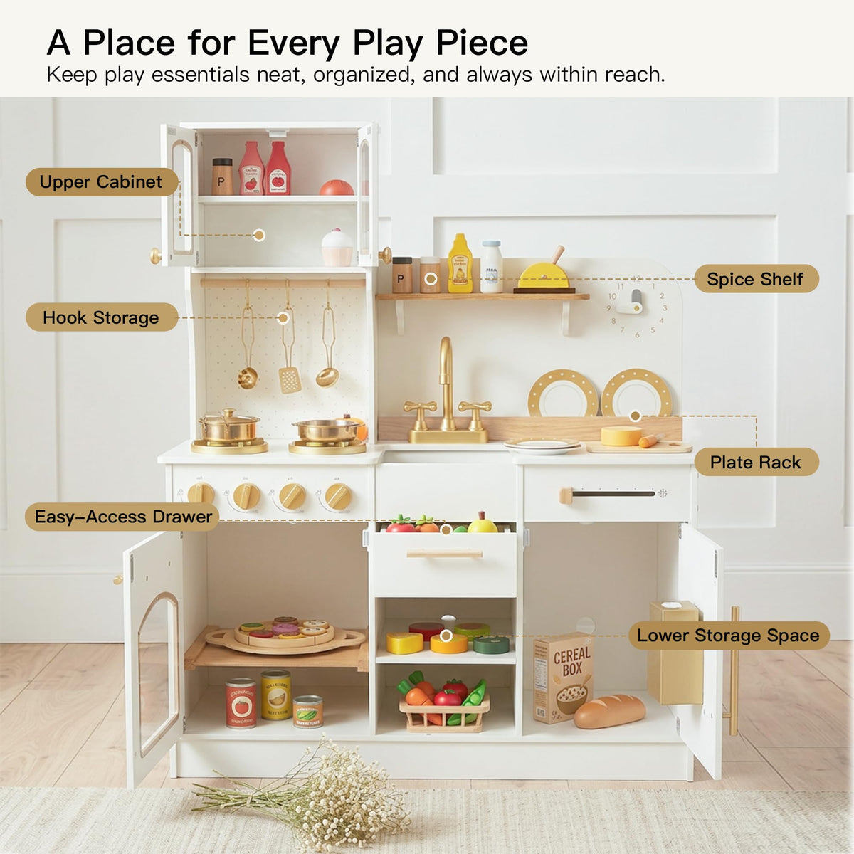 White and Gold Wooden Play Kitchen with Plate Rack, Clock and Large Storage