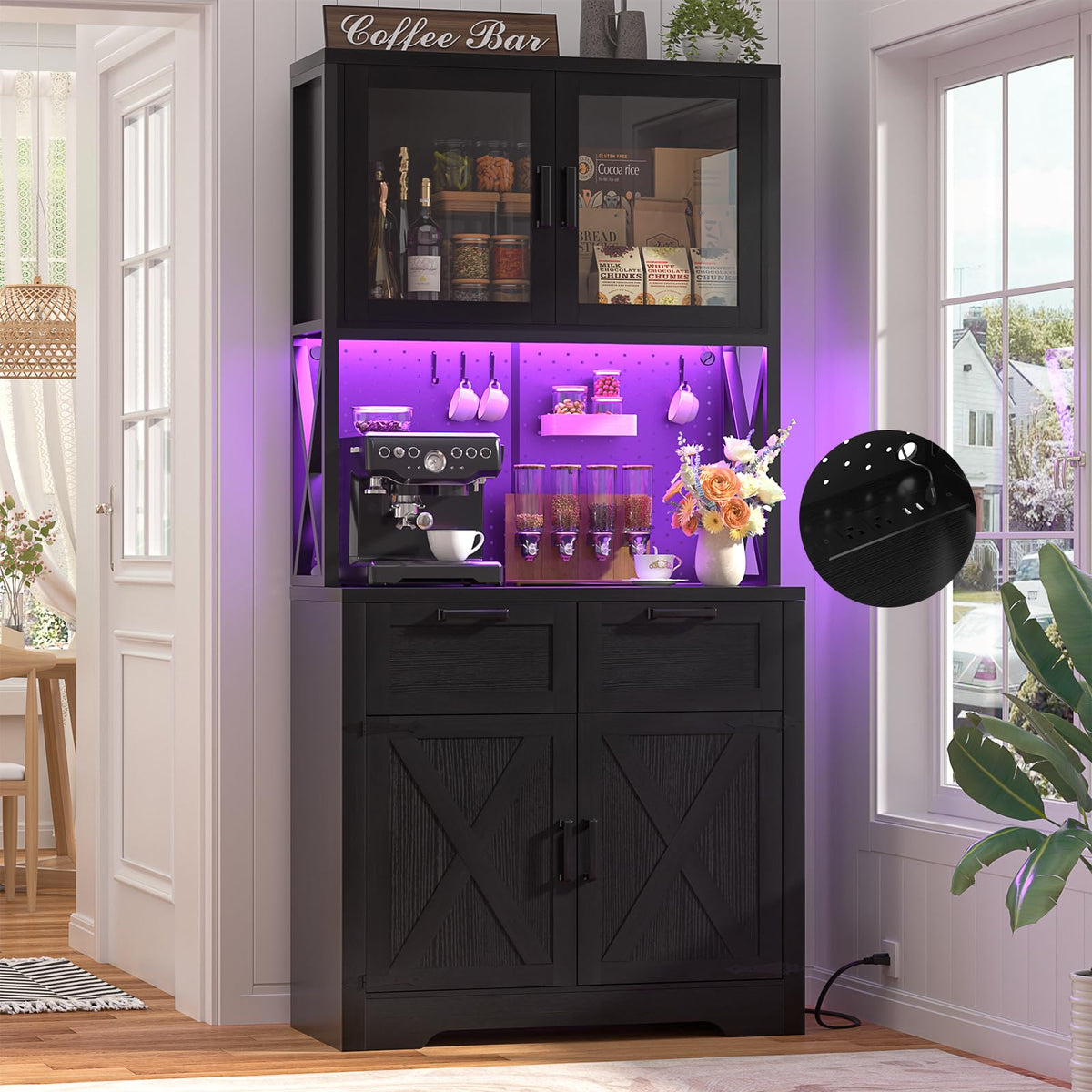 Unikito 71" Kitchen Pantry Cabinet with LED Light & Outlet, Microwave Stand