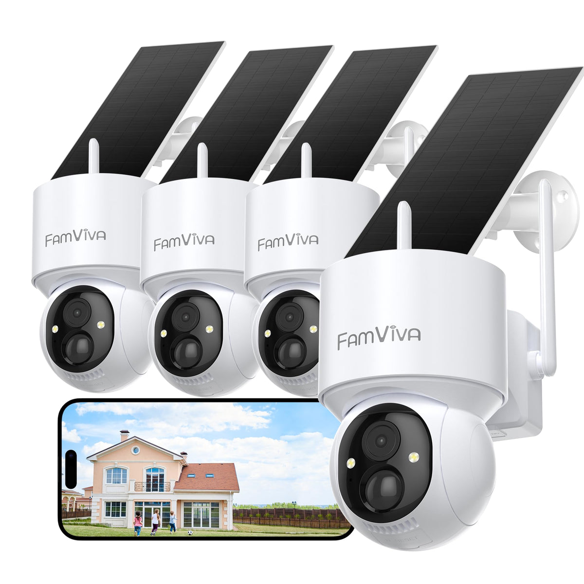 2K Solar Security Cameras Wireless Outdoor, 360°PTZ Battery Powered Cameras for Home Security, 2.4G WiFi Outdoor Camera with Color Night Vision, IP66 Waterproof, Motion Sensor Alarm, Black-4P