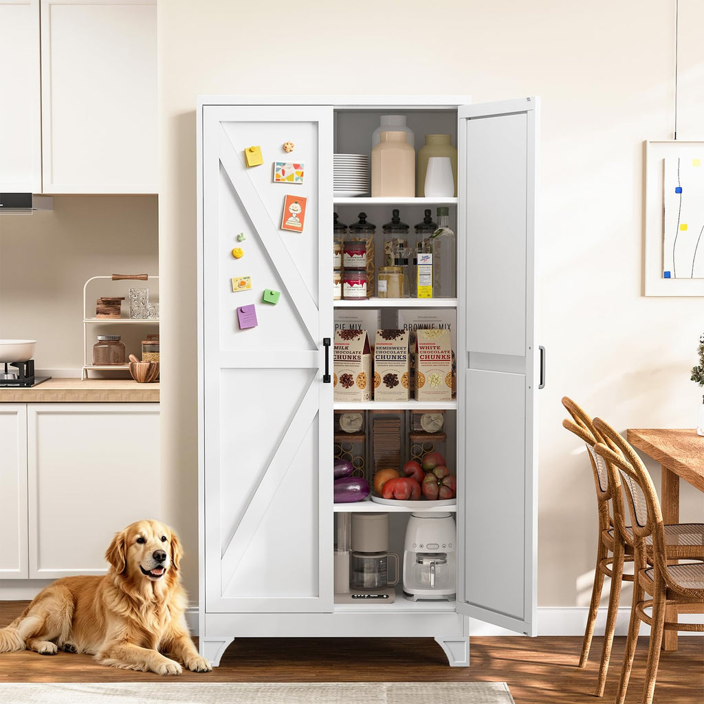 Metal Pantry Storage Cabinets with Doors and Shelves,75" Tall White