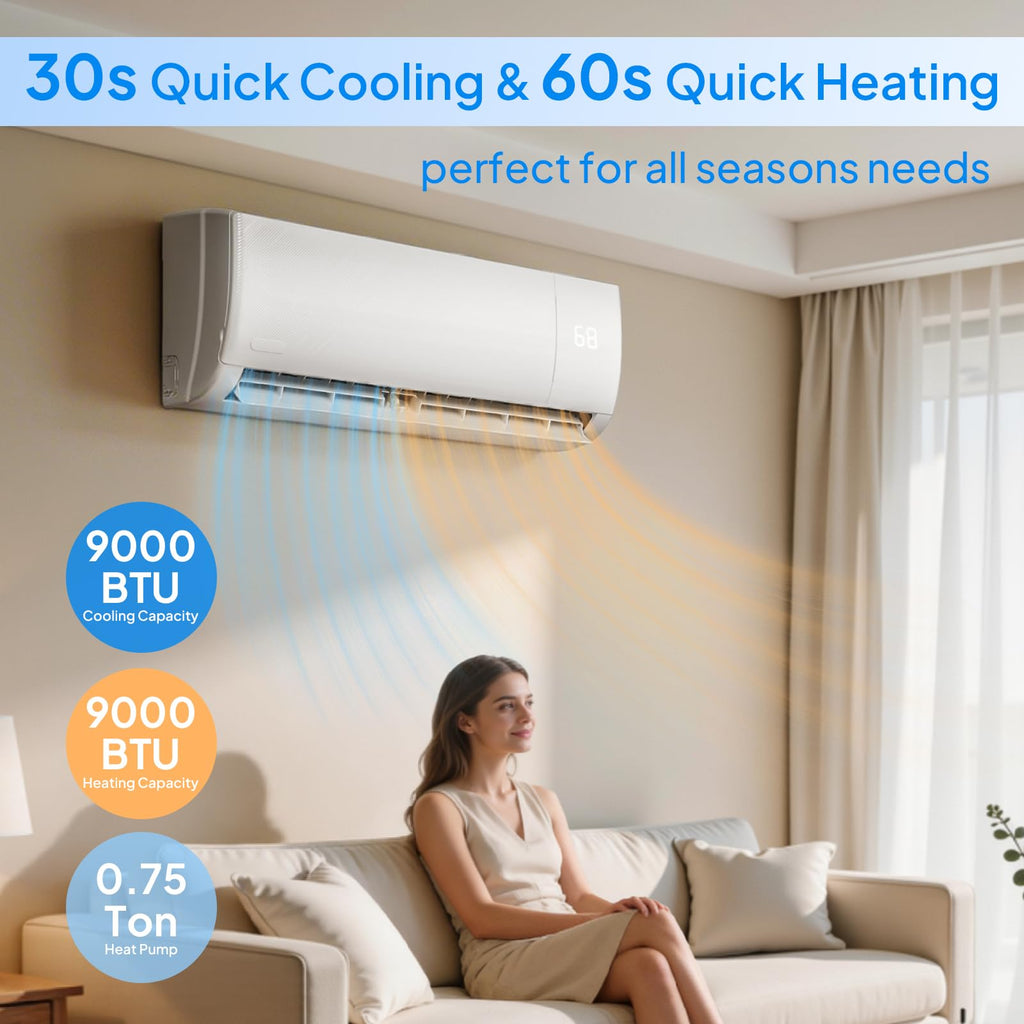 Bonnlo 9000 BTU Mini Split AC/Heating System, 19SEER2 Inverter Ductless Wall AC Unit, Energy Efficient Air Conditioner with Pre-Charged Condenser & Installation Kit, Cools Up to 450 Sq. Ft, 115V