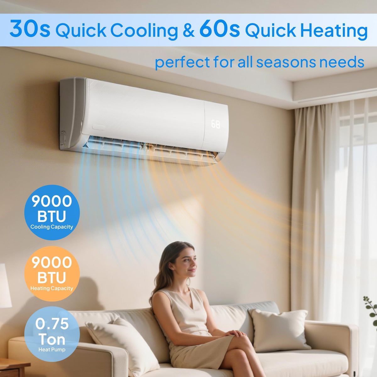 Bonnlo 9000 BTU Mini Split AC/Heating System, 19SEER2 Inverter Ductless Wall AC Unit, Energy Efficient Air Conditioner with Pre-Charged Condenser & Installation Kit, Cools Up to 450 Sq. Ft, 115V